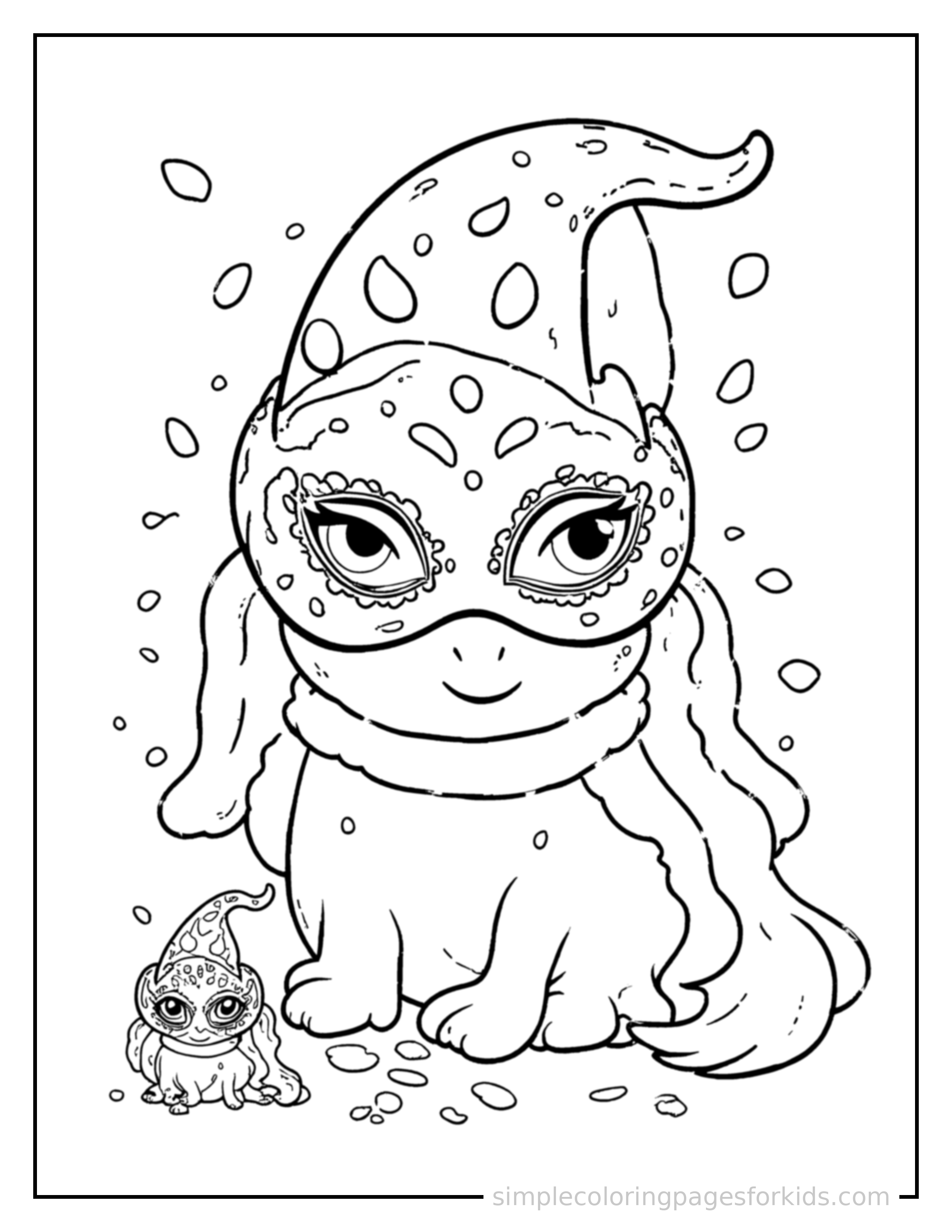 Free printable carnival mask and colorful confetti coloring page featuring a cute Carnival mask and colorful confetti, shown with a smaller mini version of itself beside it.