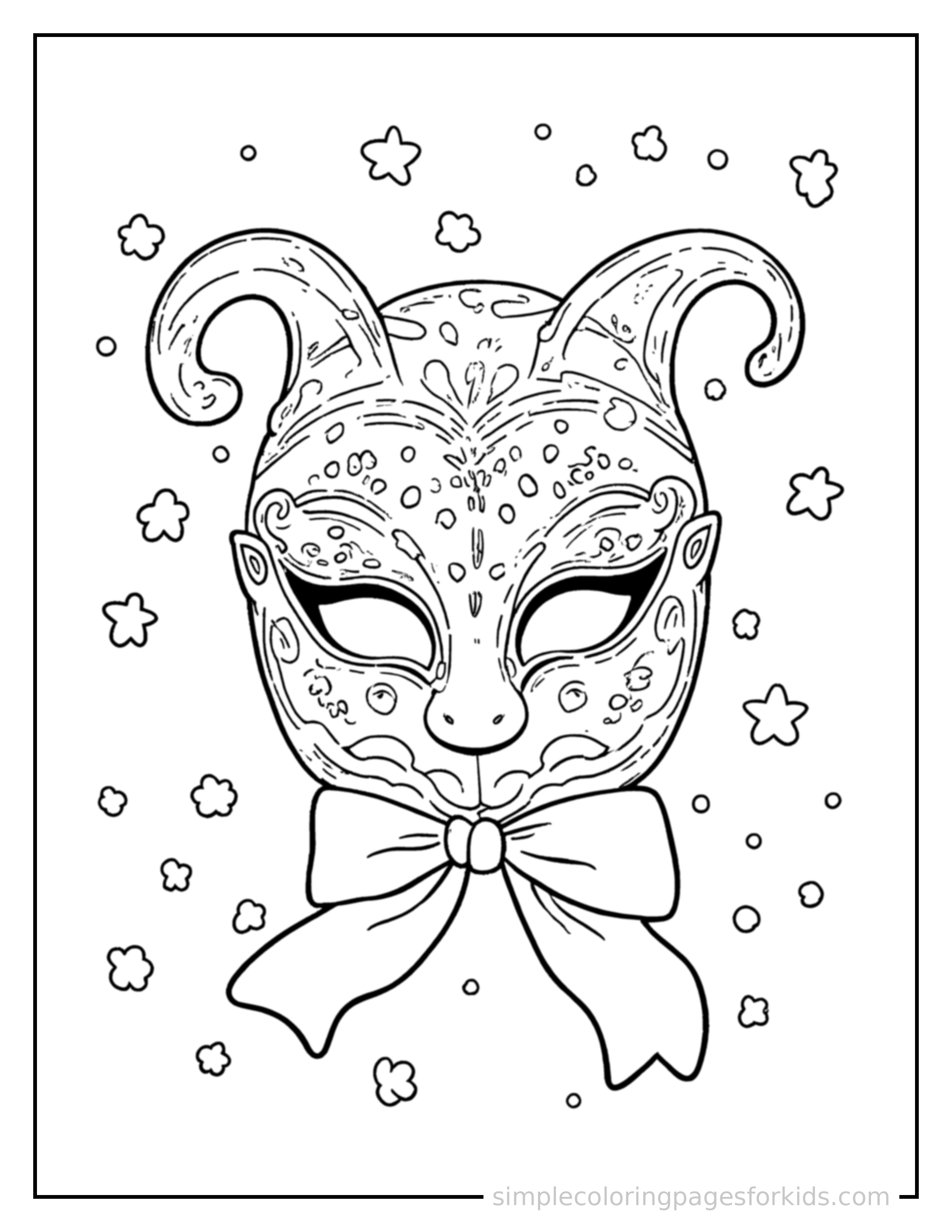 Free printable carnival mask and colorful confetti coloring page featuring a cute Carnival mask and colorful confetti, decorated with a simple bow or ribbon for a festive touch.