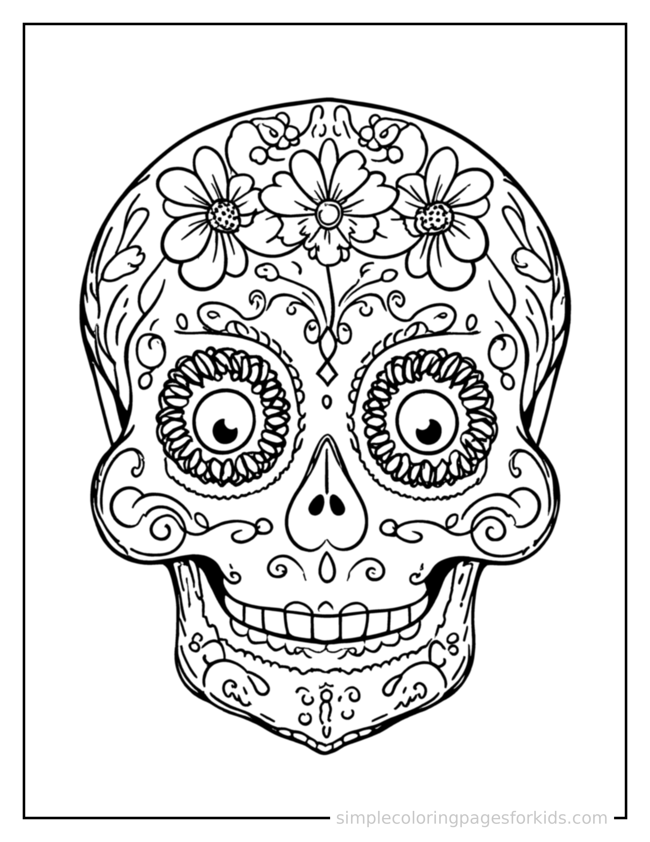 Free printable day of the dead sugar skull decorated with flowers coloring page featuring a cute Day of the Dead sugar skull decorated with flowers, shown as a simple central illustration with a cute smiling face.