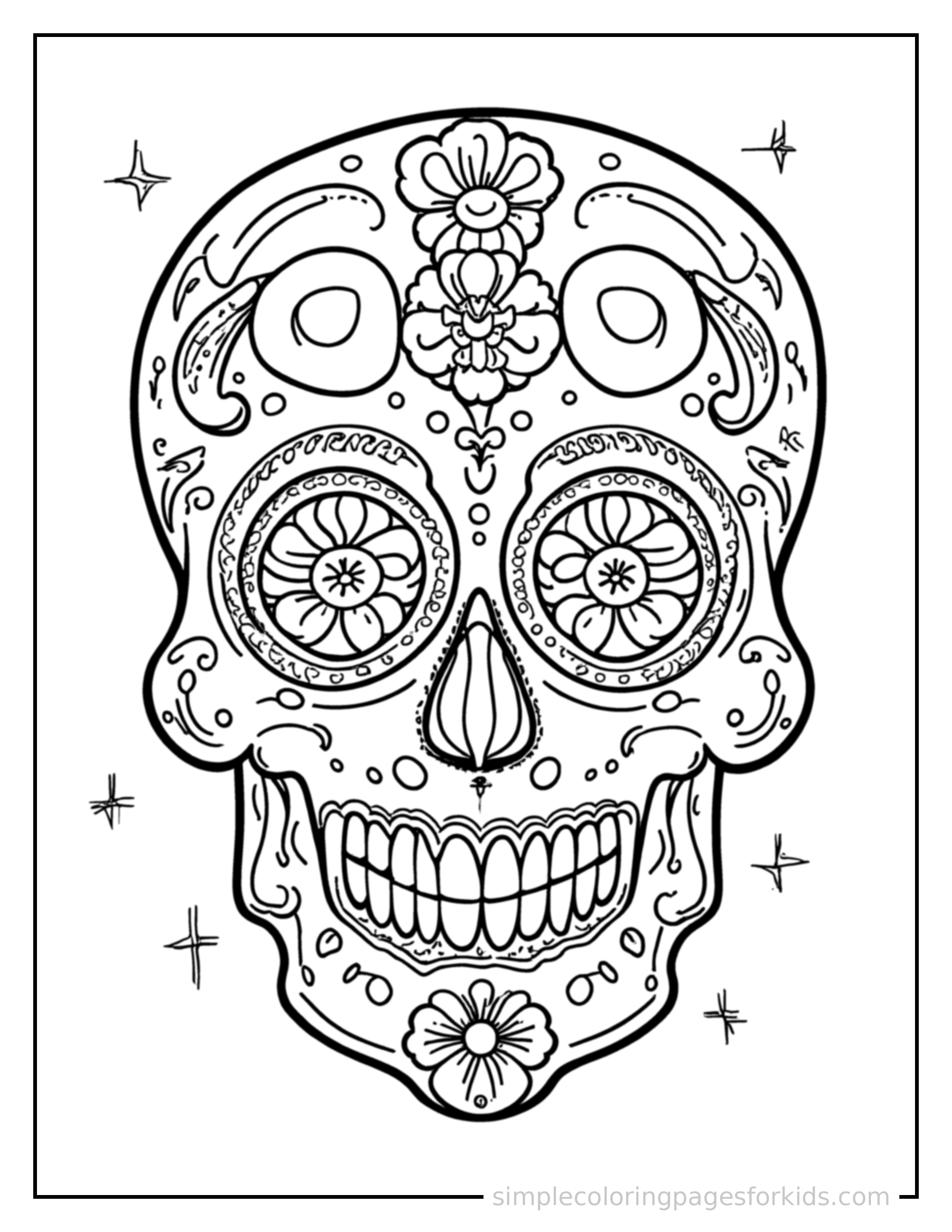 Free printable day of the dead sugar skull decorated with flowers coloring page featuring a cute Day of the Dead sugar skull decorated with flowers, shown from a slightly different angle with small decorative sparkle marks nearby.
