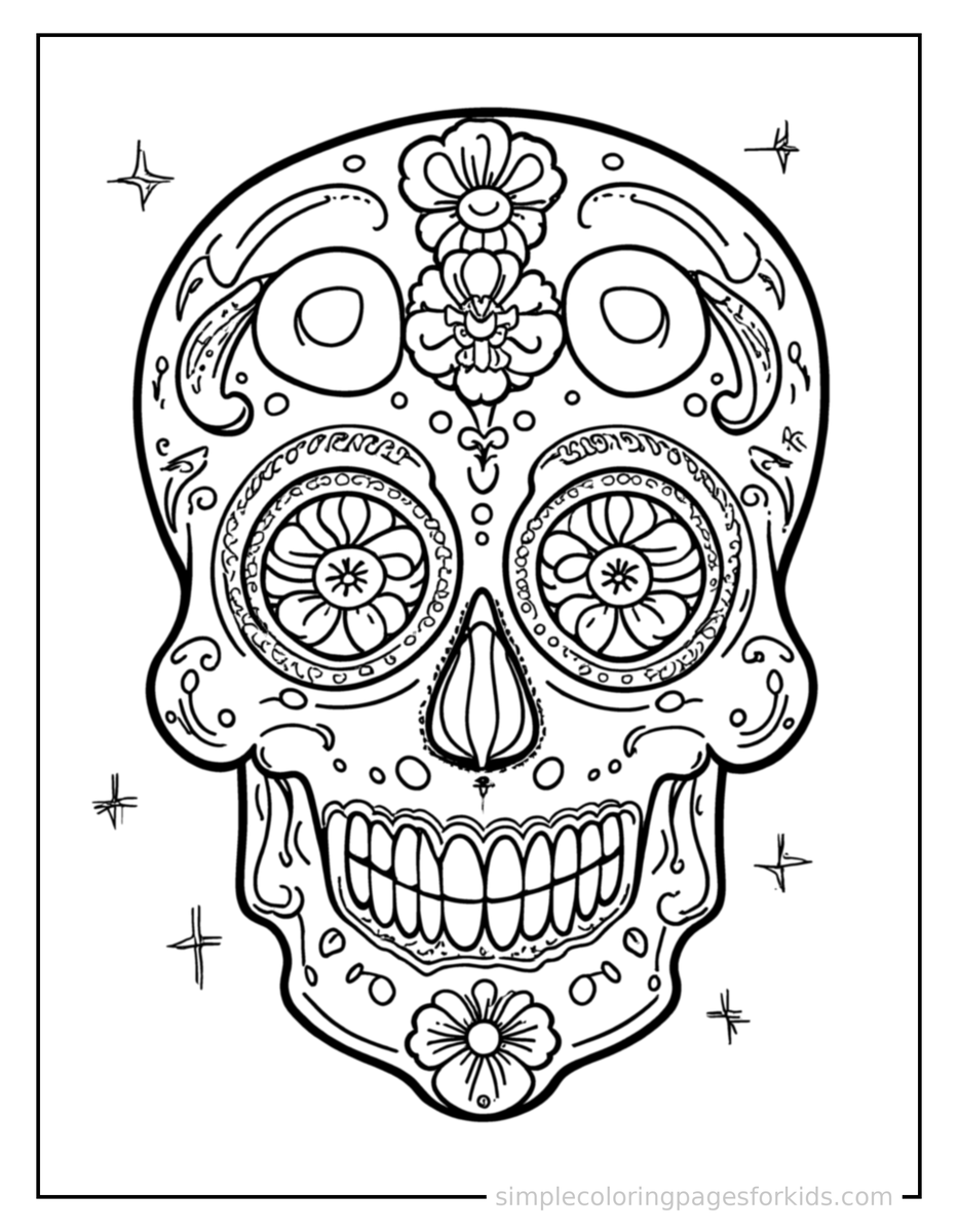 Sparkling Day Of The Dead Sugar Skull Decorated With Flowers Coloring Page