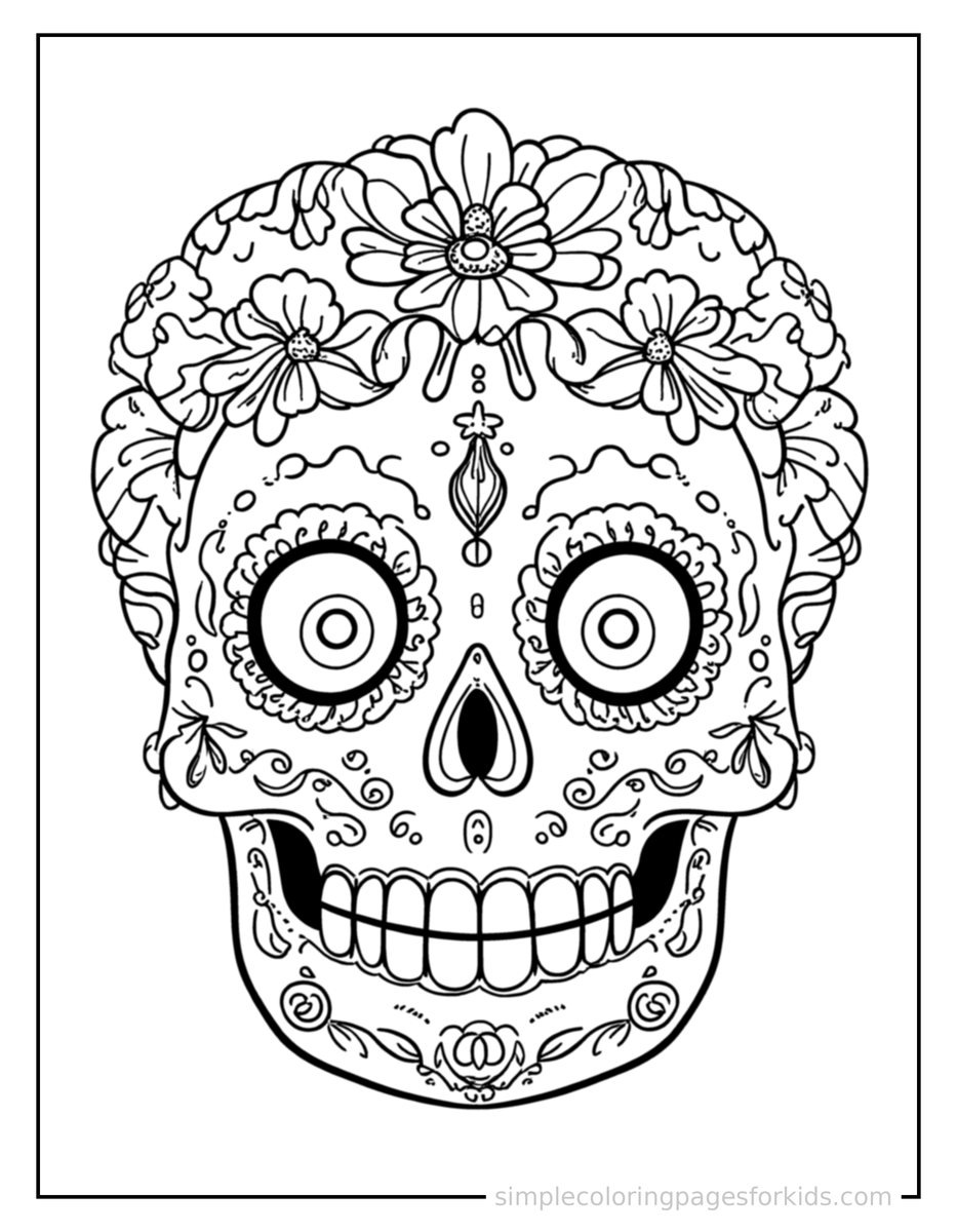 Coloring Scene 3 Day Of The Dead Sugar Skull Decorated With Flowers Coloring Page