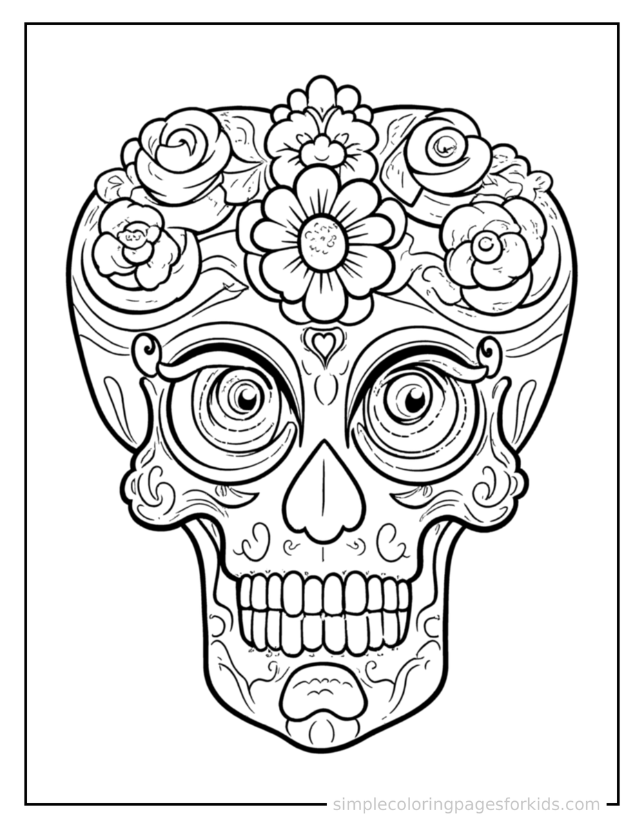 Coloring Scene 4 Day Of The Dead Sugar Skull Decorated With Flowers Coloring Page