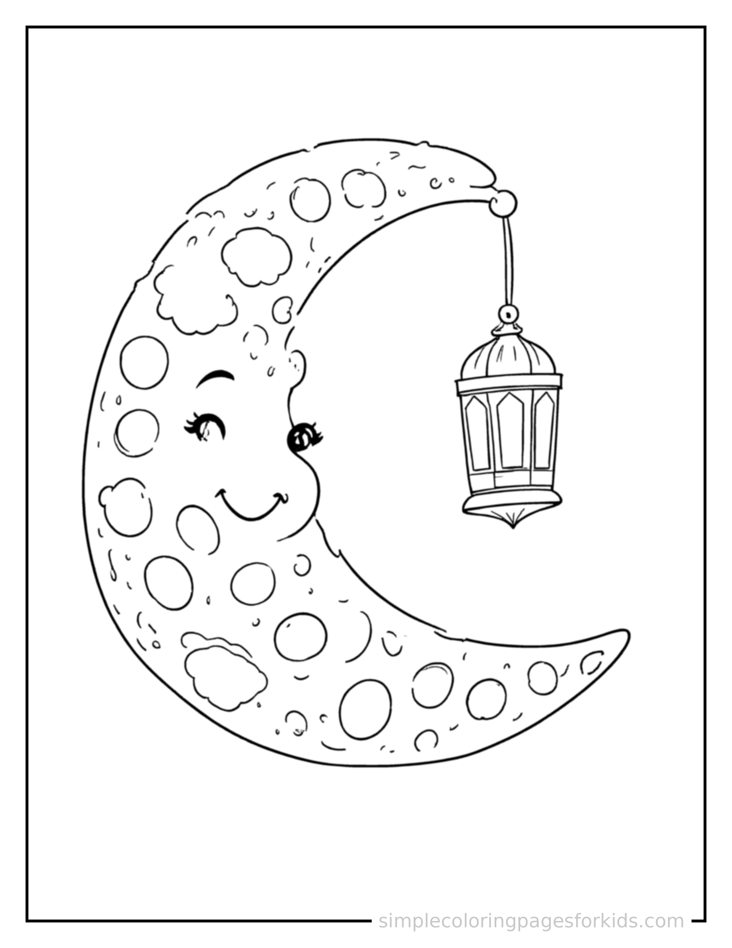 Free printable eid al-fitr crescent moon and lantern coloring page featuring a cute Eid al-Fitr crescent moon and lantern, shown as a simple central illustration with a cute smiling face.