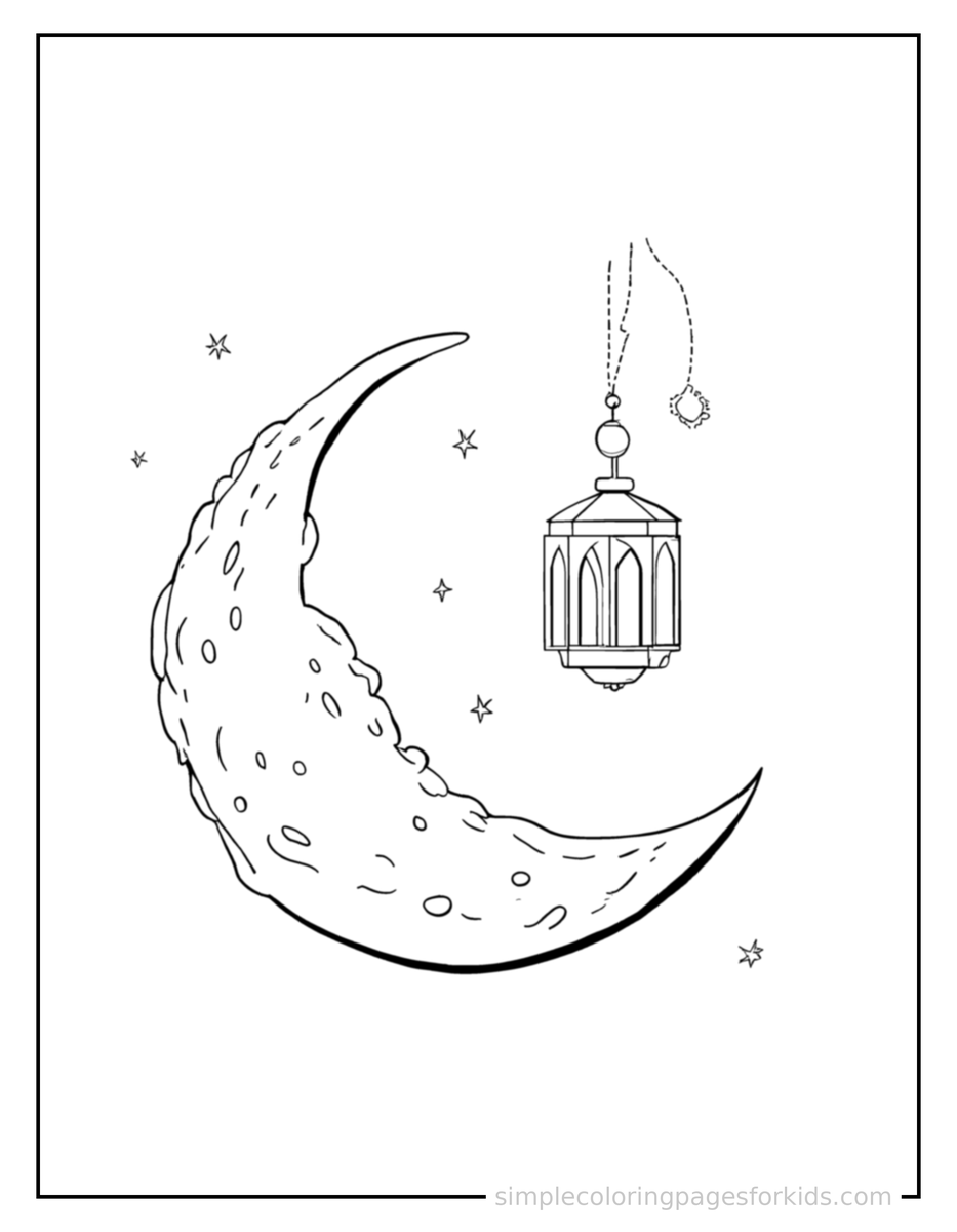 Sparkling Eid Al-Fitr Crescent Moon And Lantern Coloring Page