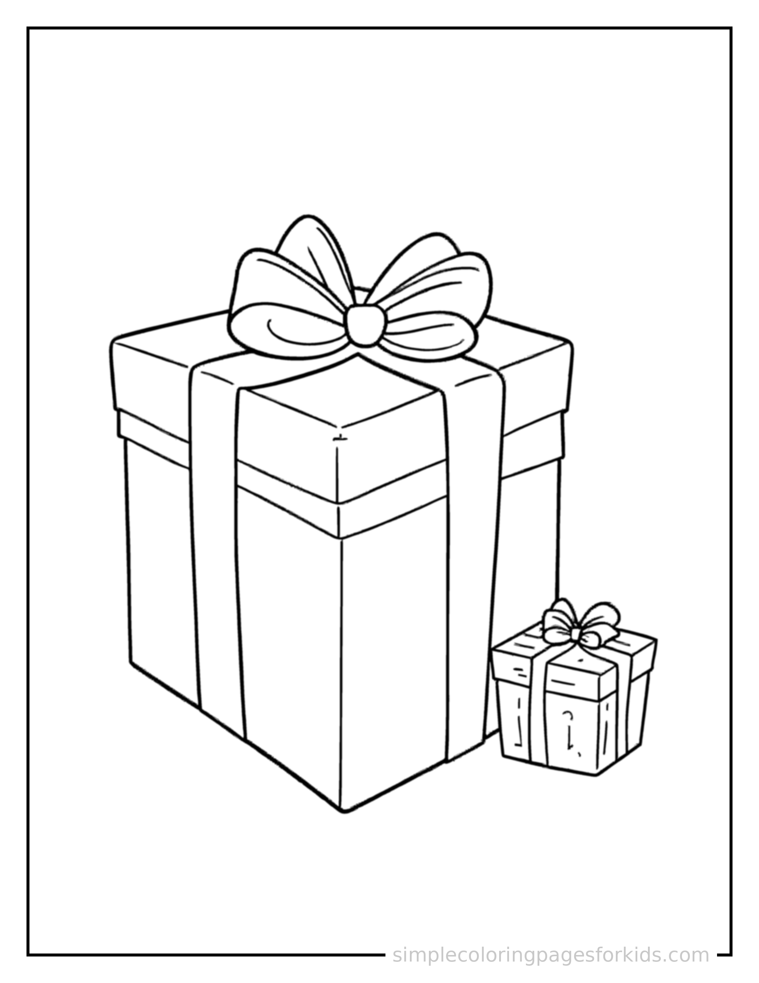 Free printable boxing day gift box with a bow coloring page featuring a cute Boxing Day gift box with a bow, shown with a smaller mini version of itself beside it.