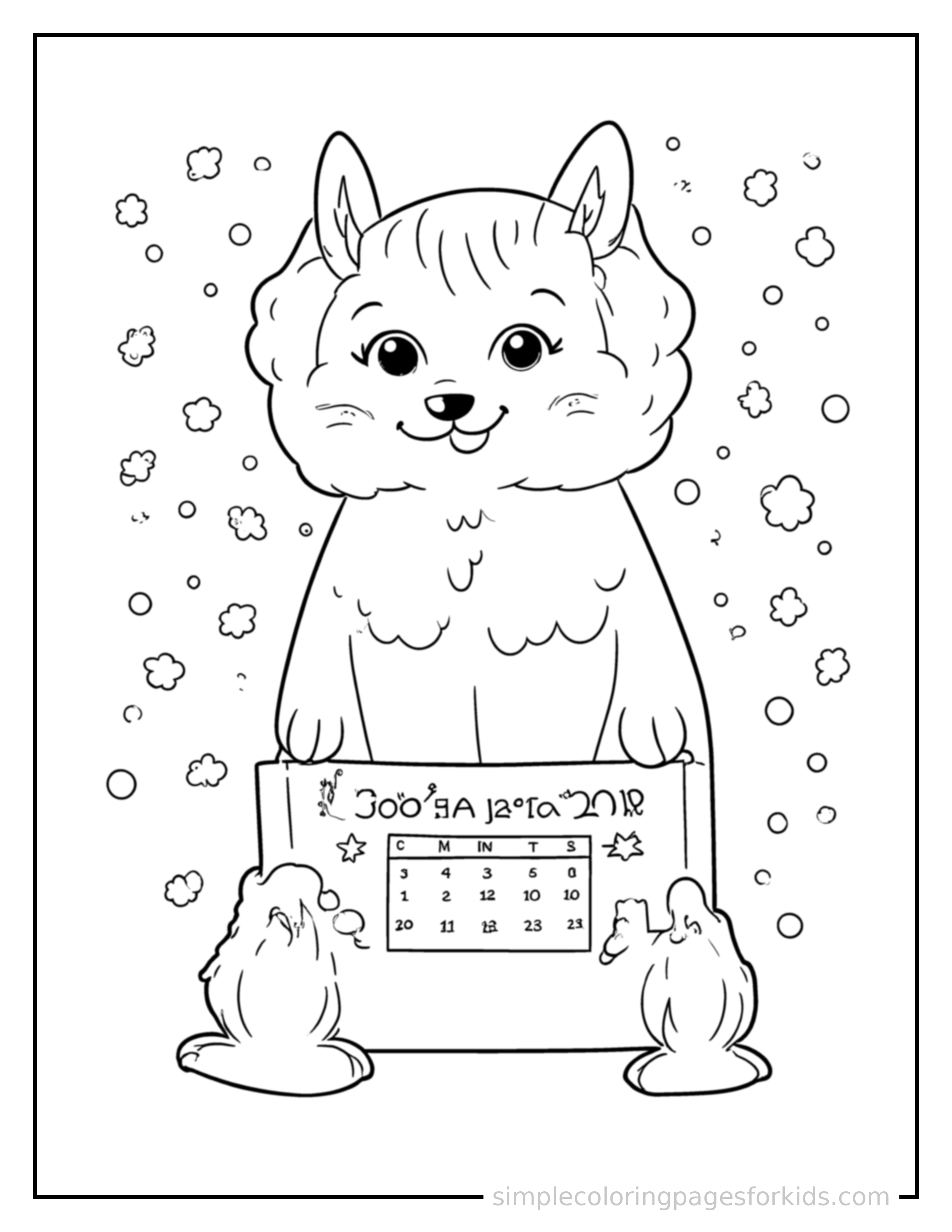 Free printable new year's day calendar page turning coloring page featuring a cute New Year's Day calendar page turning, shown as a simple central illustration with a cute smiling face.