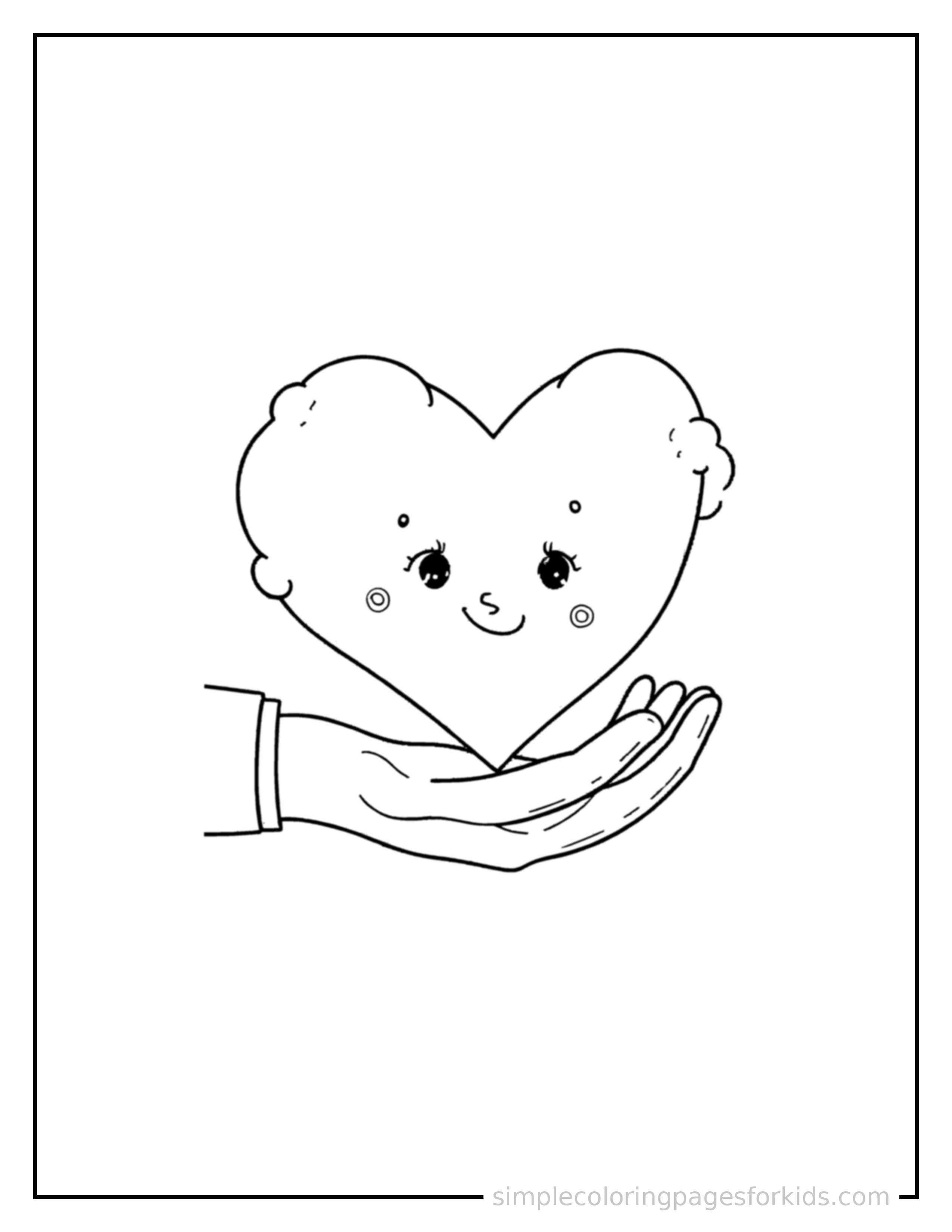 Free printable world kindness day heart and a helping hand coloring page featuring a cute World Kindness Day heart and a helping hand, shown as a simple central illustration with a cute smiling face.