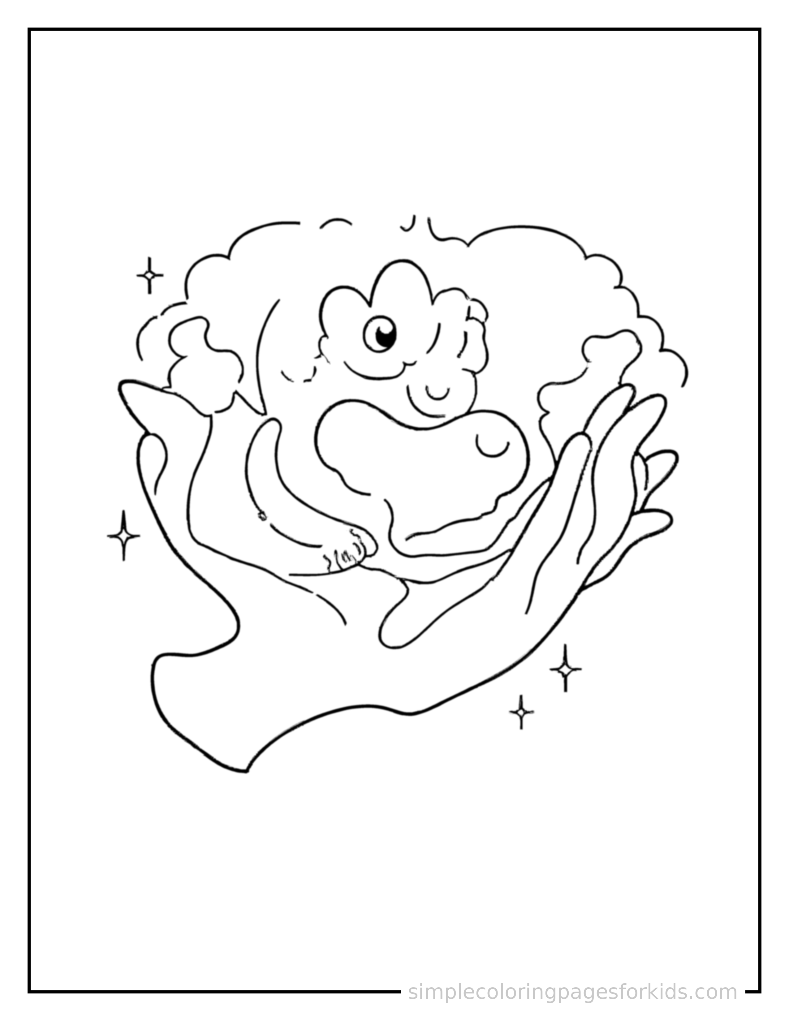 Free printable world kindness day heart and a helping hand coloring page featuring a cute World Kindness Day heart and a helping hand, shown from a slightly different angle with small decorative sparkle marks nearby.