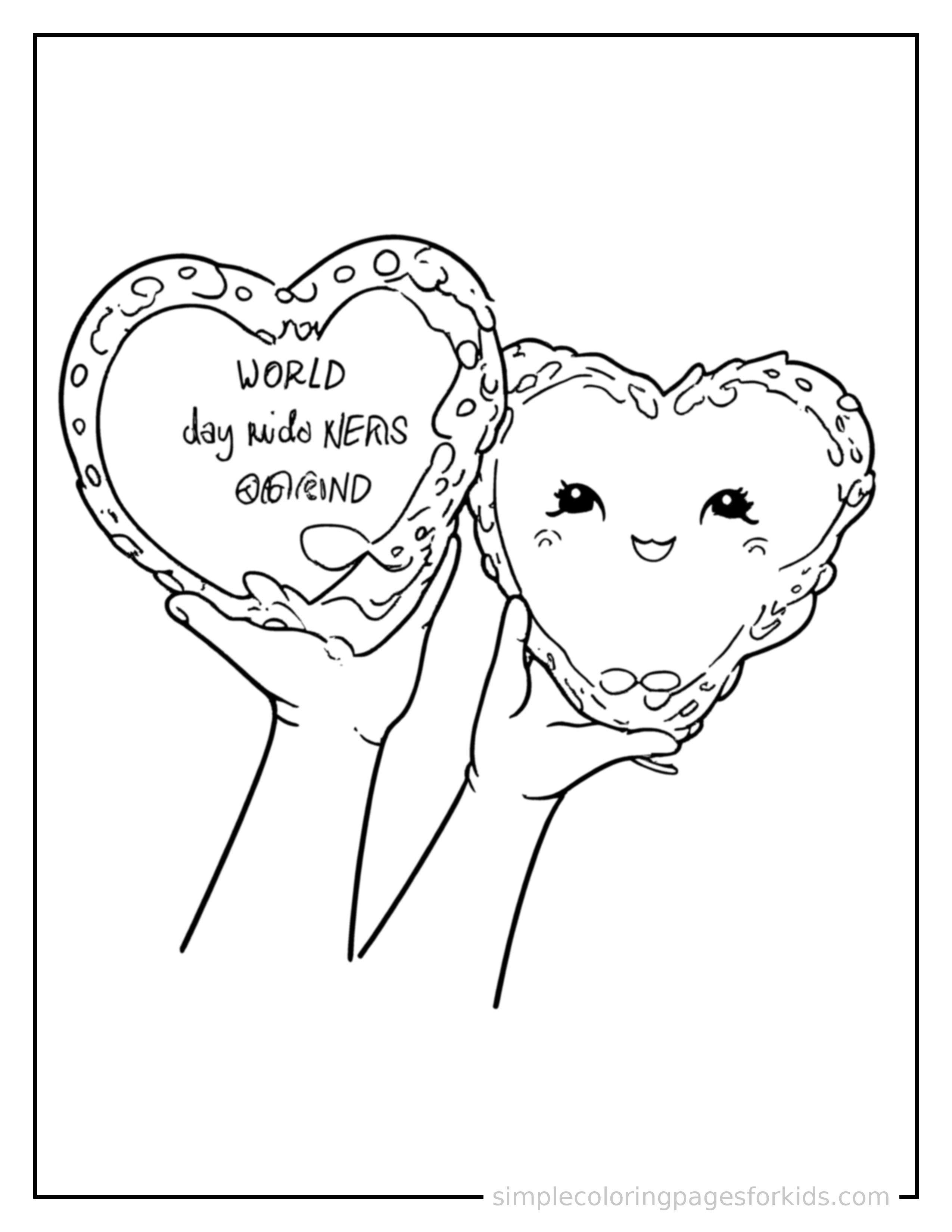 Free printable world kindness day heart and a helping hand coloring page featuring a cute World Kindness Day heart and a helping hand, decorated with a simple bow or ribbon for a festive touch.