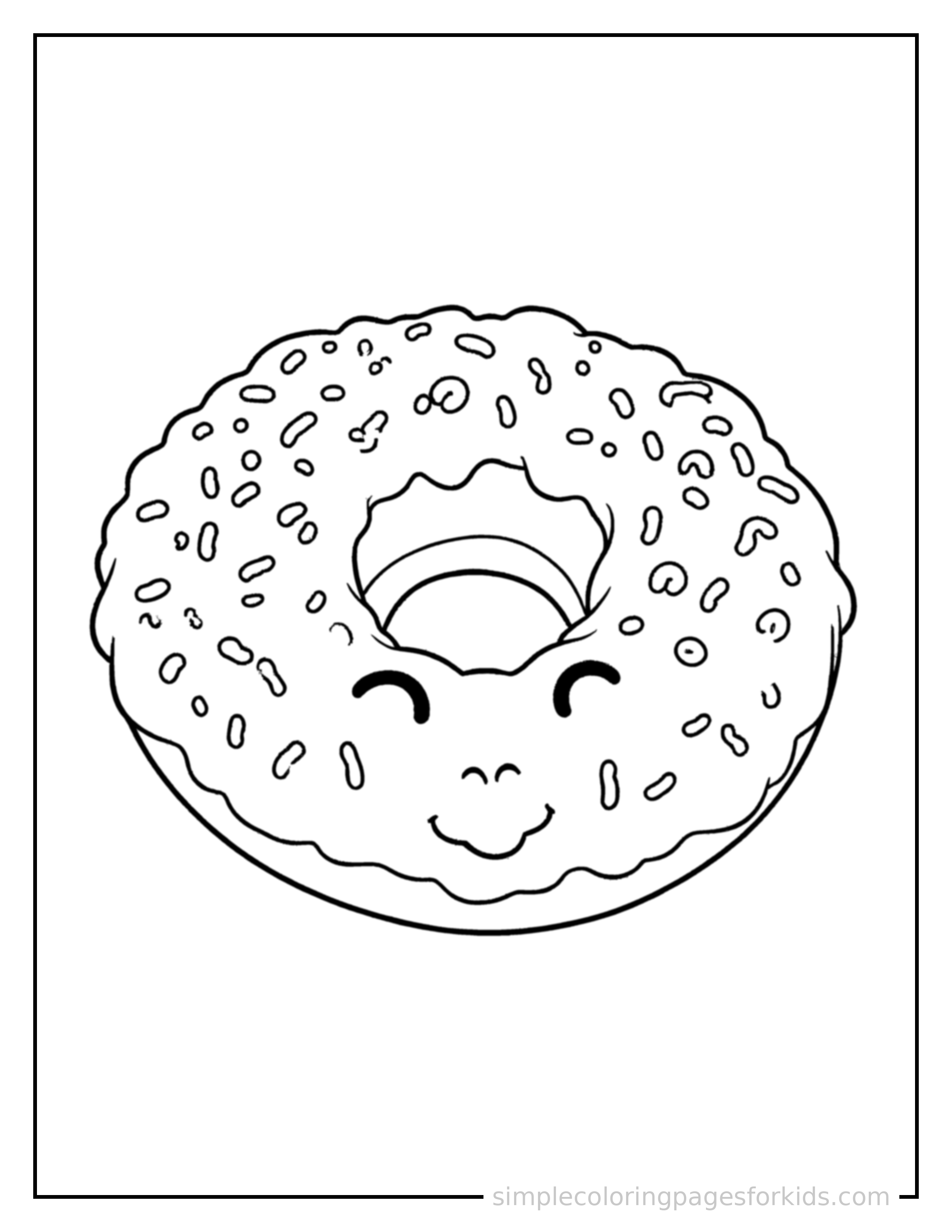 Free printable national donut day frosted donut with sprinkles coloring page featuring a cute National Donut Day frosted donut with sprinkles, shown as a simple central illustration with a cute smiling face.