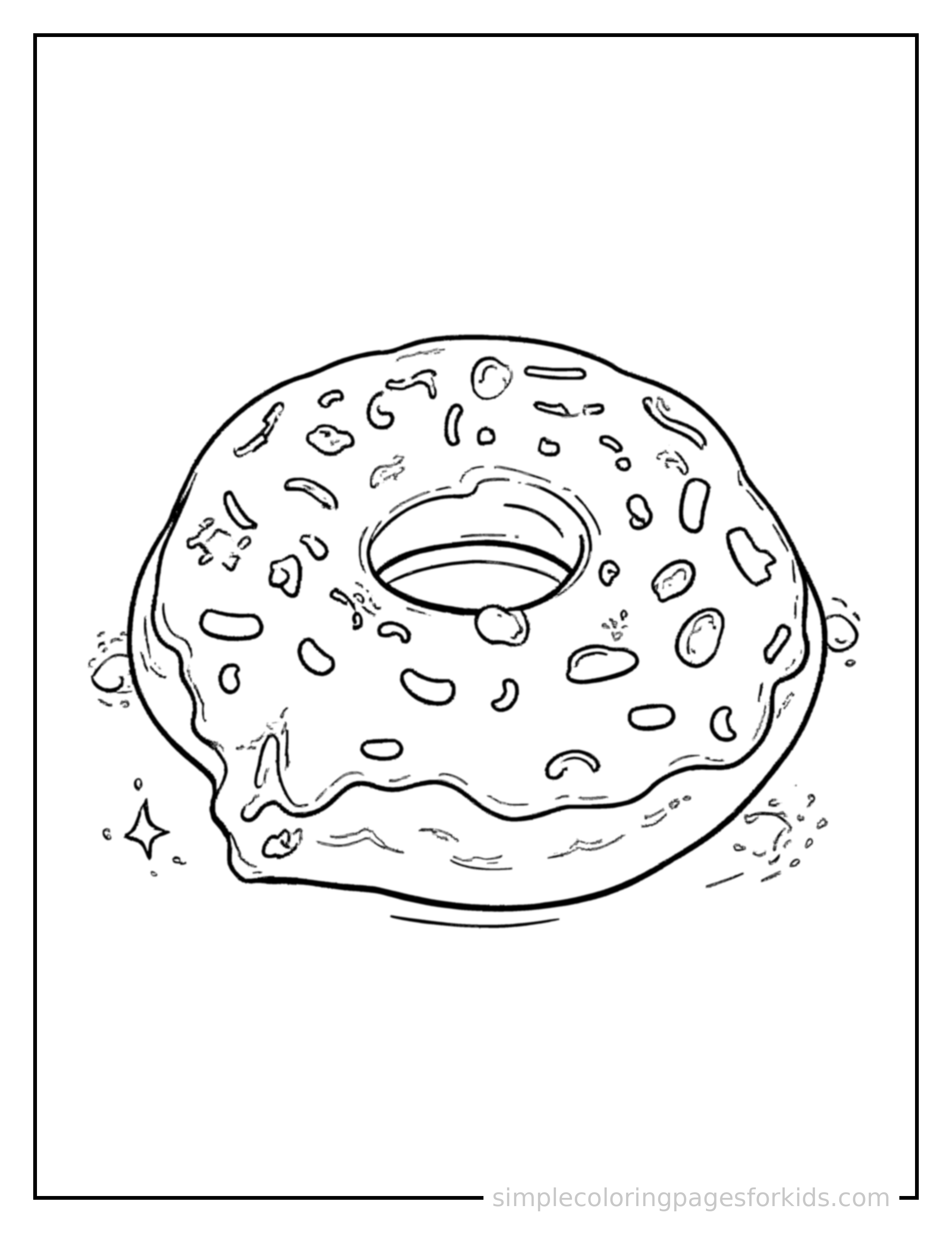 Free printable national donut day frosted donut with sprinkles coloring page featuring a cute National Donut Day frosted donut with sprinkles, shown from a slightly different angle with small decorative sparkle marks nearby.