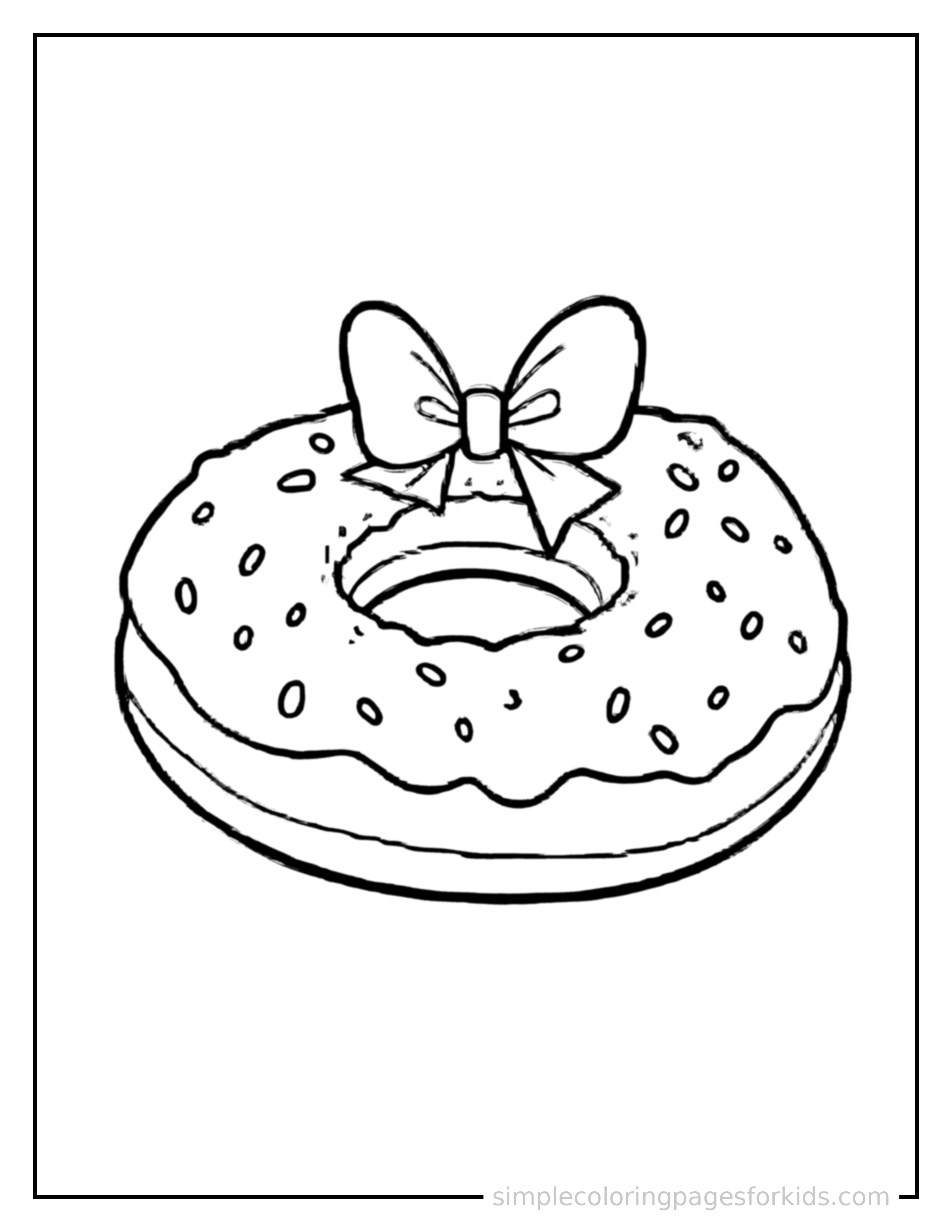 Free printable national donut day frosted donut with sprinkles coloring page featuring a cute National Donut Day frosted donut with sprinkles, decorated with a simple bow or ribbon for a festive touch.
