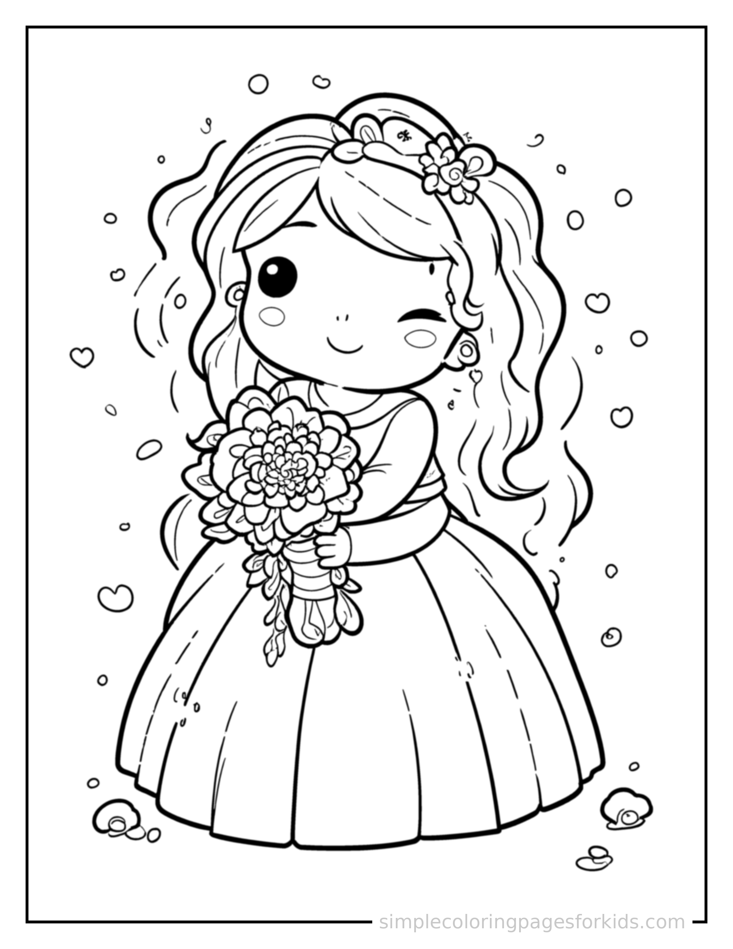 Free printable wedding day rings and a bouquet coloring page featuring a cute Wedding Day rings and a bouquet, shown as a simple central illustration with a cute smiling face.