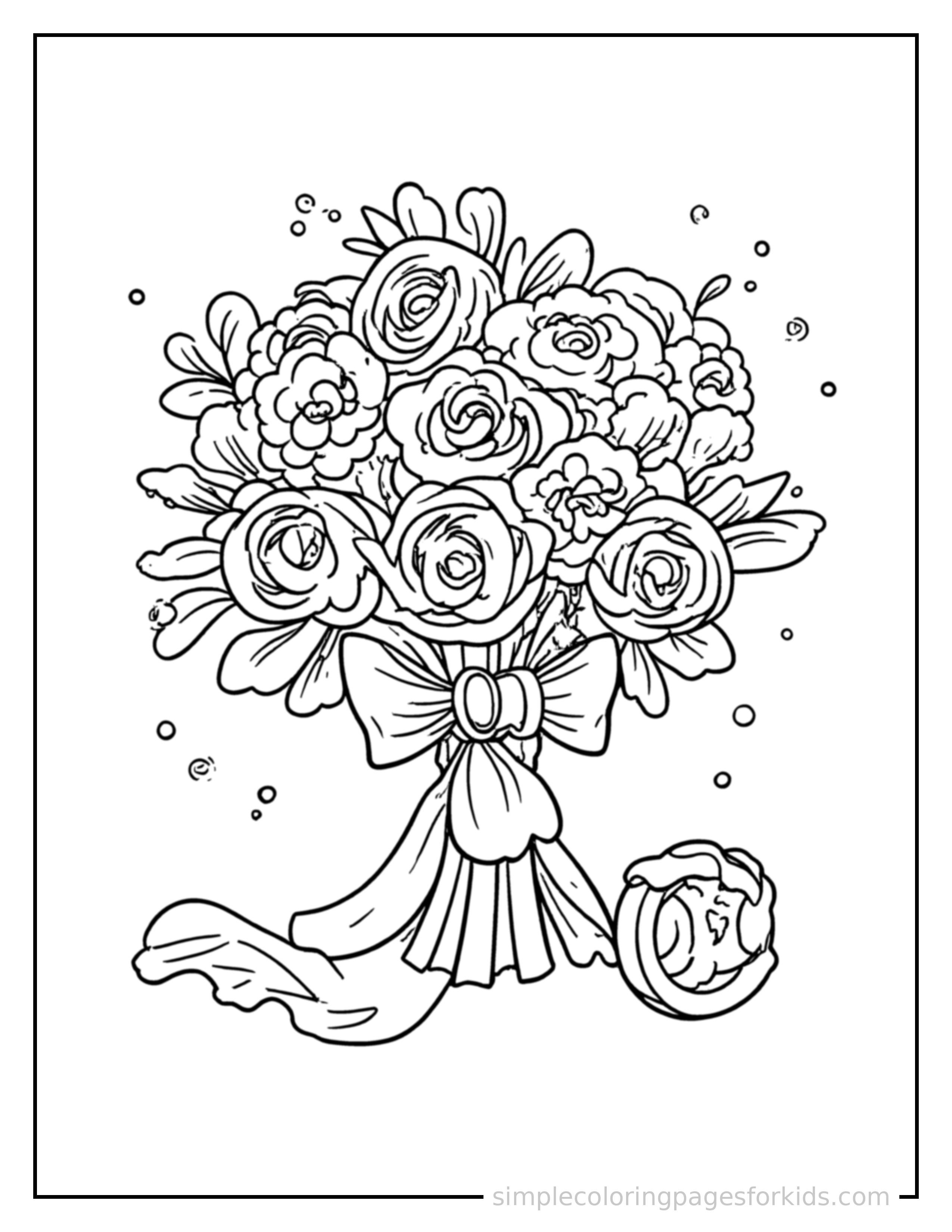 Free printable wedding day rings and a bouquet coloring page featuring a cute Wedding Day rings and a bouquet, shown from a slightly different angle with small decorative sparkle marks nearby.