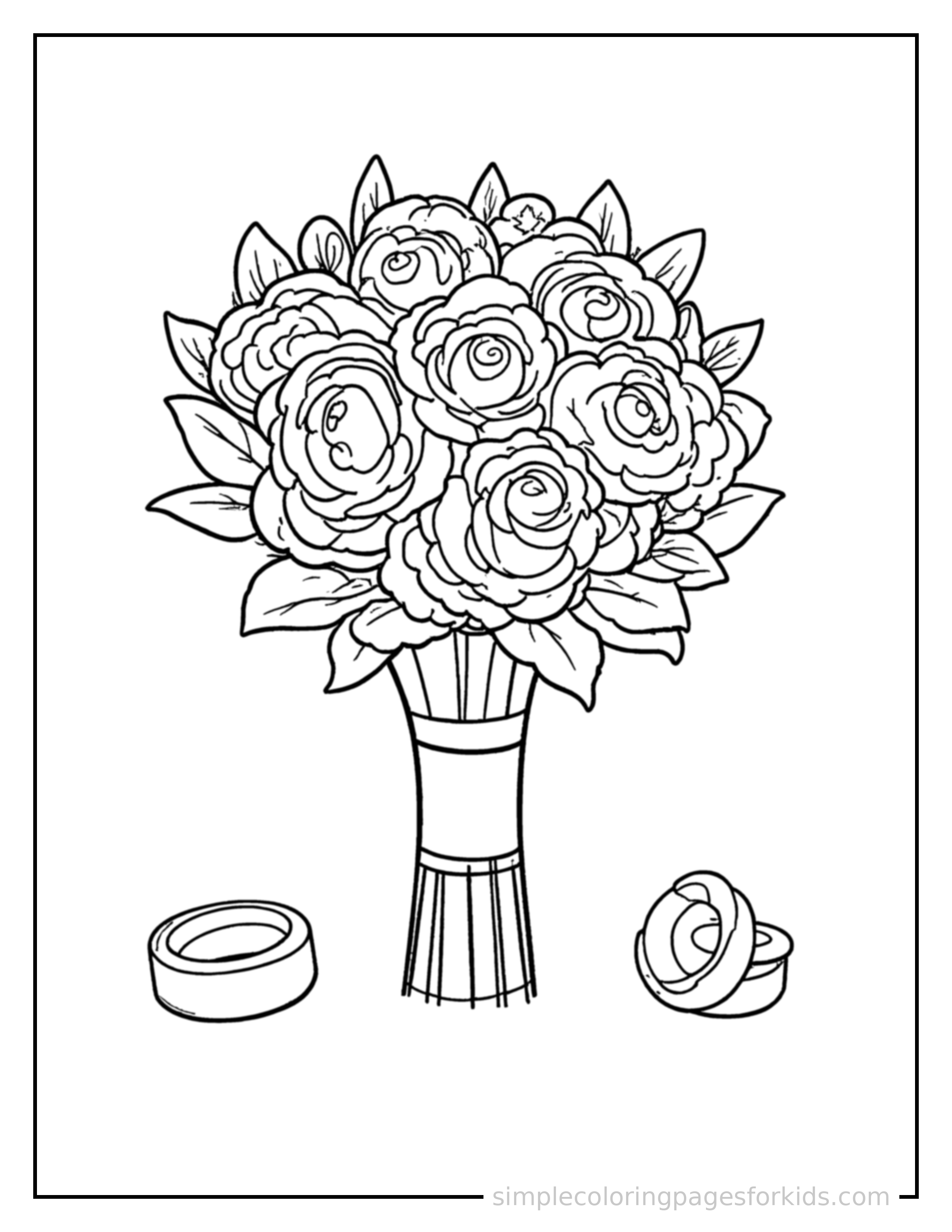 Free printable wedding day rings and a bouquet coloring page featuring a cute Wedding Day rings and a bouquet, shown with a smaller mini version of itself beside it.