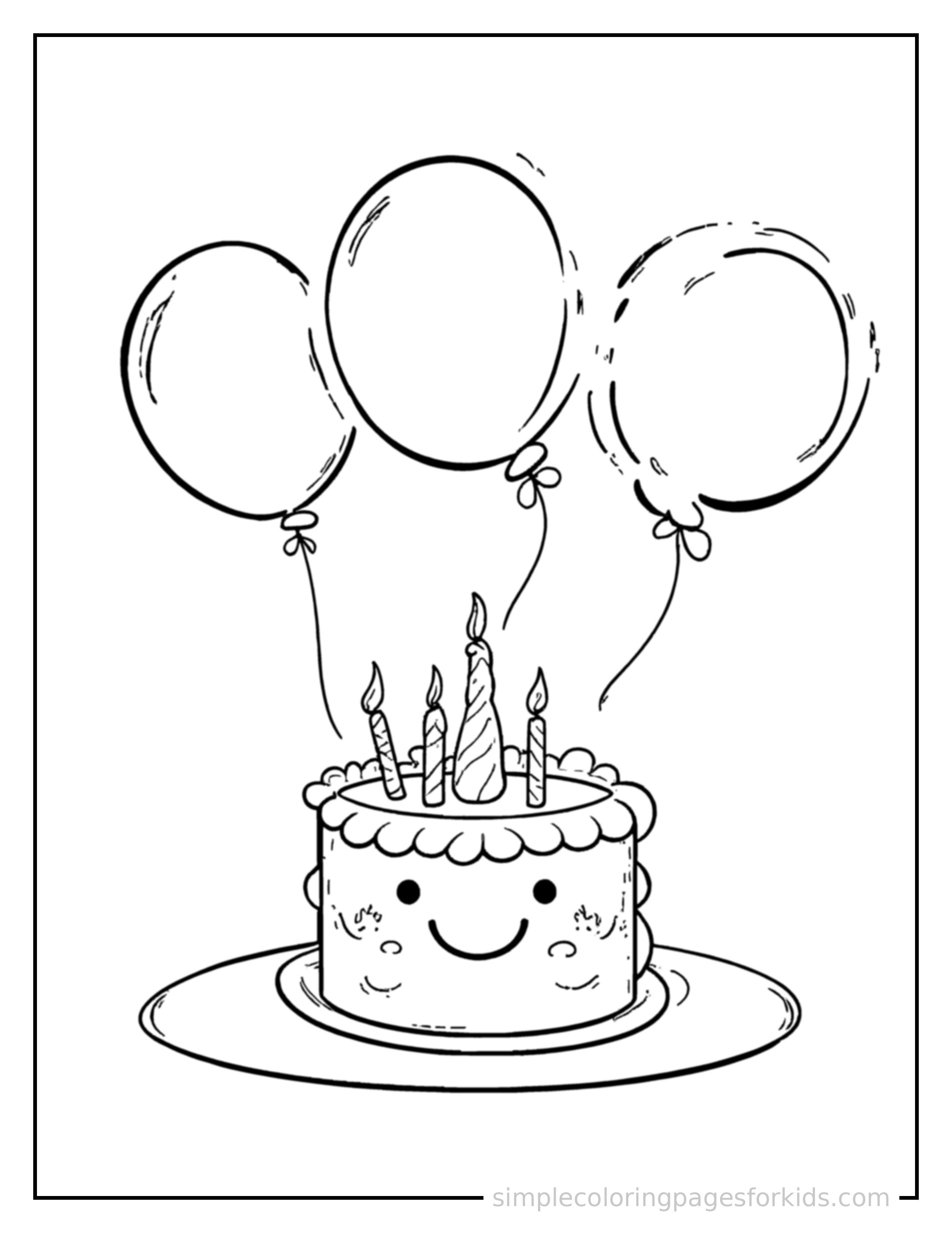 Free printable anniversary celebration cake and balloons coloring page featuring a cute Anniversary Celebration cake and balloons, shown as a simple central illustration with a cute smiling face.