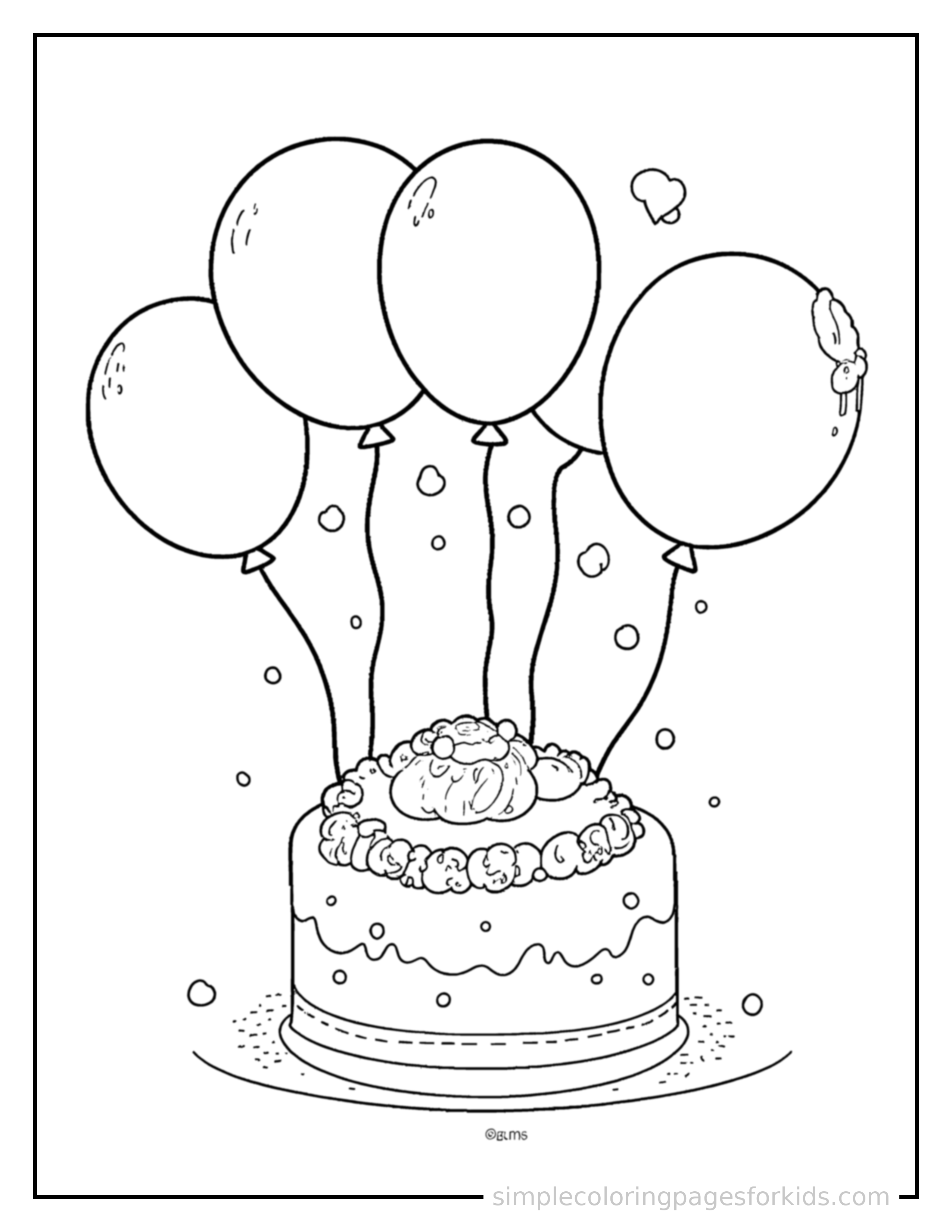Free printable anniversary celebration cake and balloons coloring page featuring a cute Anniversary Celebration cake and balloons, shown from a slightly different angle with small decorative sparkle marks nearby.
