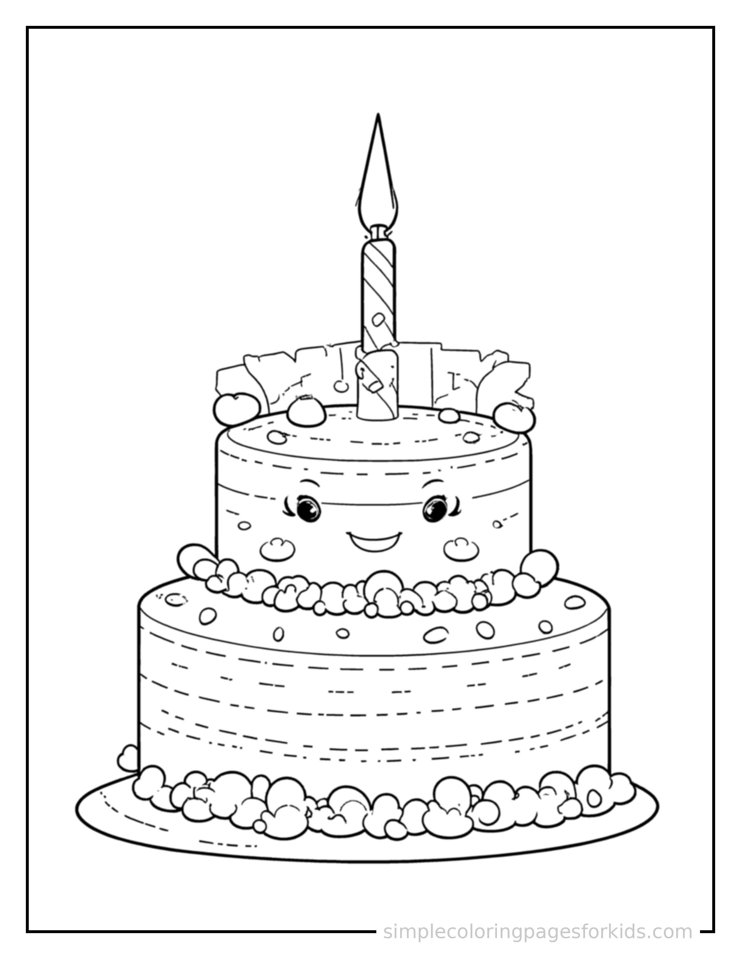 Free printable retirement party cake and a card coloring page featuring a cute Retirement Party cake and a card, shown as a simple central illustration with a cute smiling face.