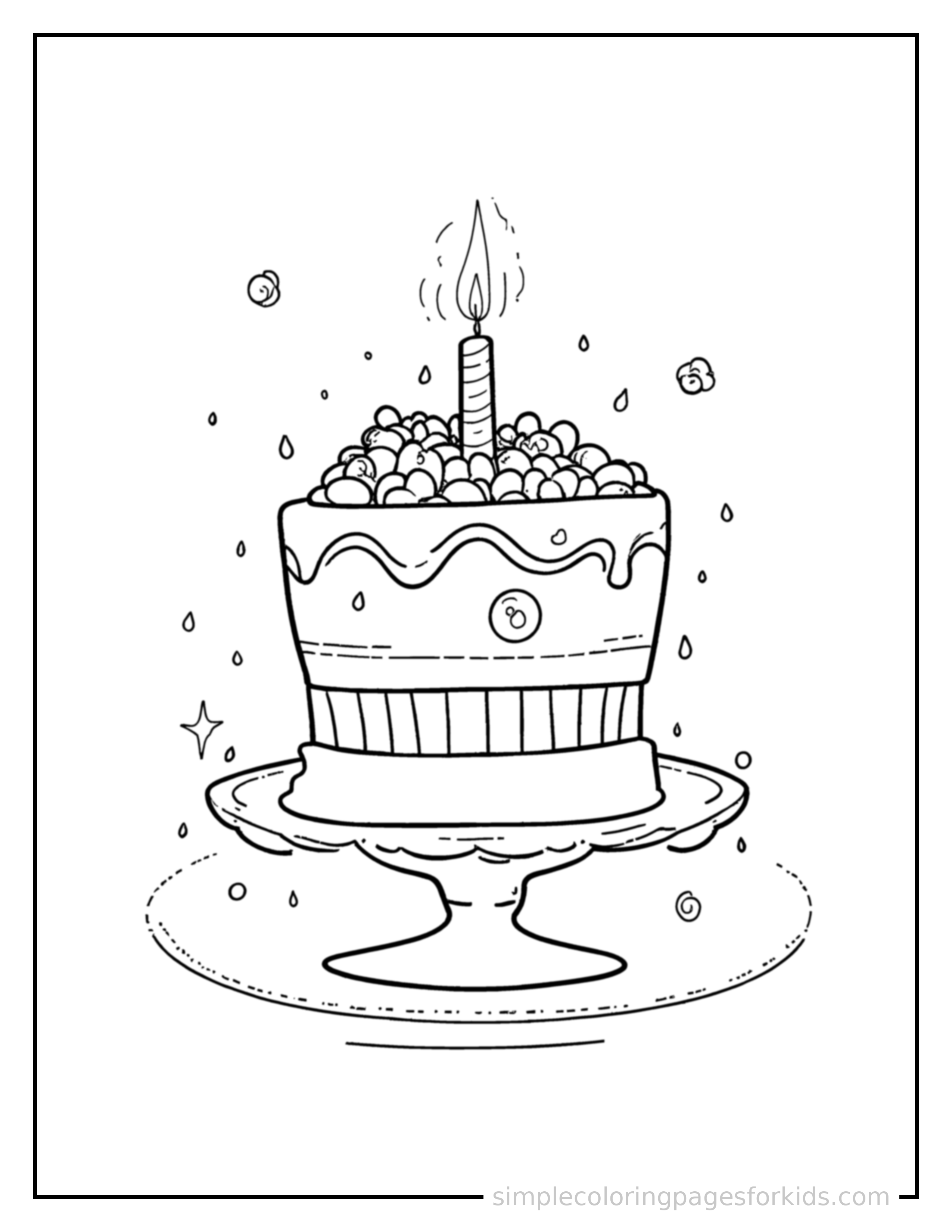 Free printable retirement party cake and a card coloring page featuring a cute Retirement Party cake and a card, shown from a slightly different angle with small decorative sparkle marks nearby.