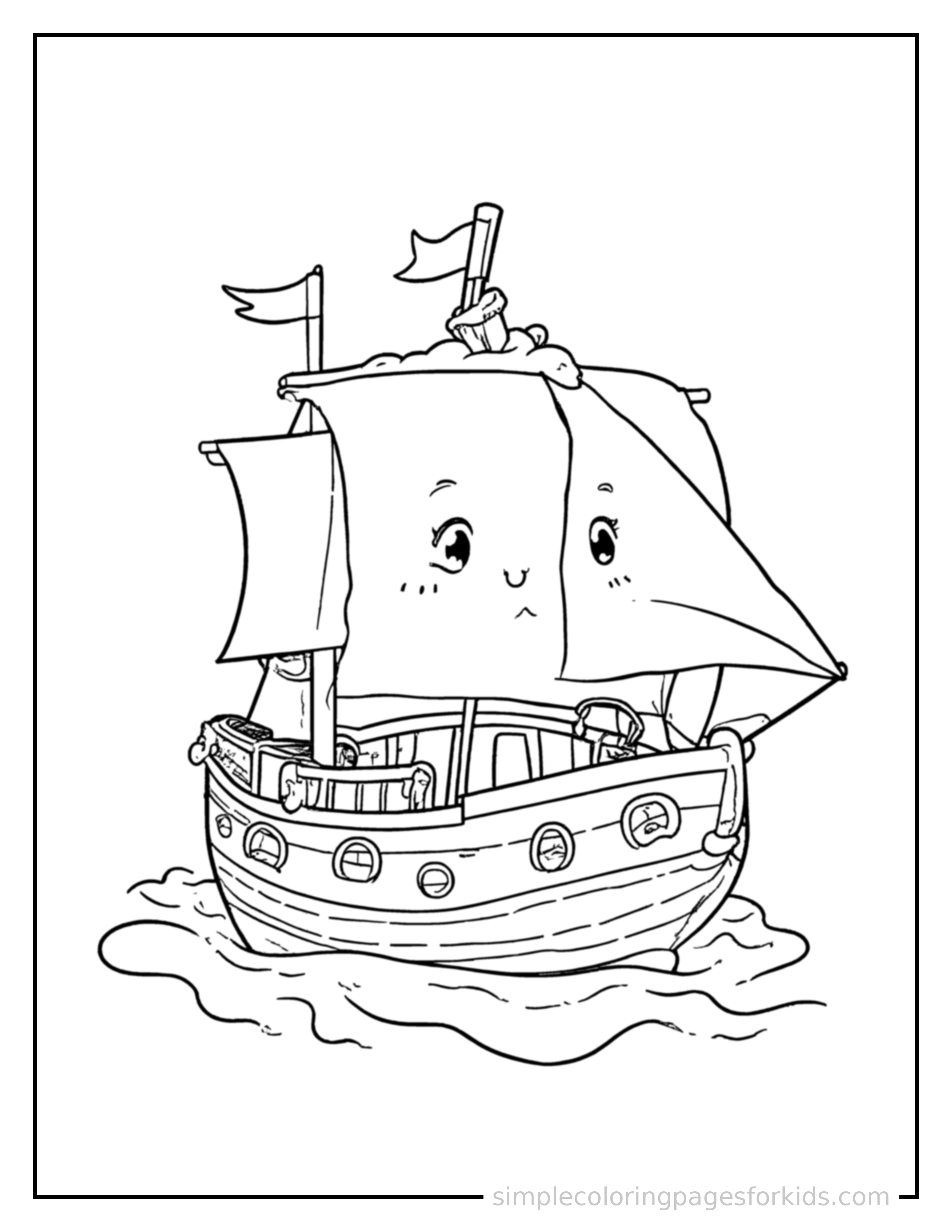 Free printable columbus day sailing ship coloring page featuring a cute Columbus Day sailing ship, shown as a simple central illustration with a cute smiling face.