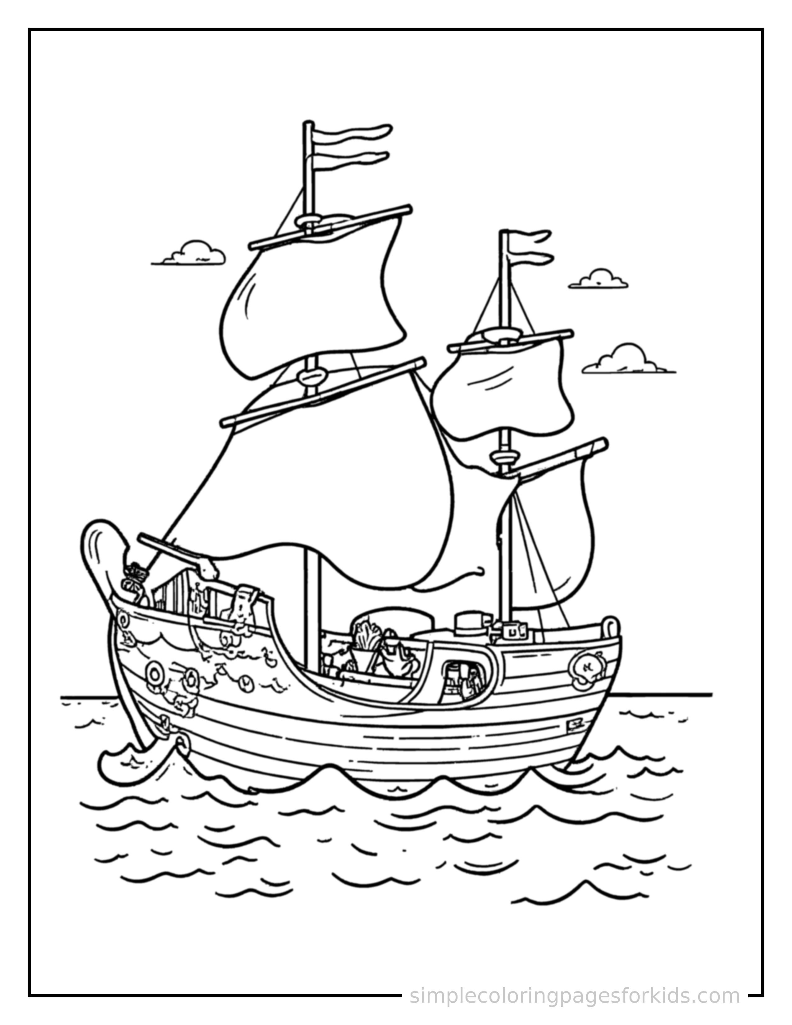 Free printable columbus day sailing ship coloring page featuring a cute Columbus Day sailing ship, shown from a slightly different angle with small decorative sparkle marks nearby.