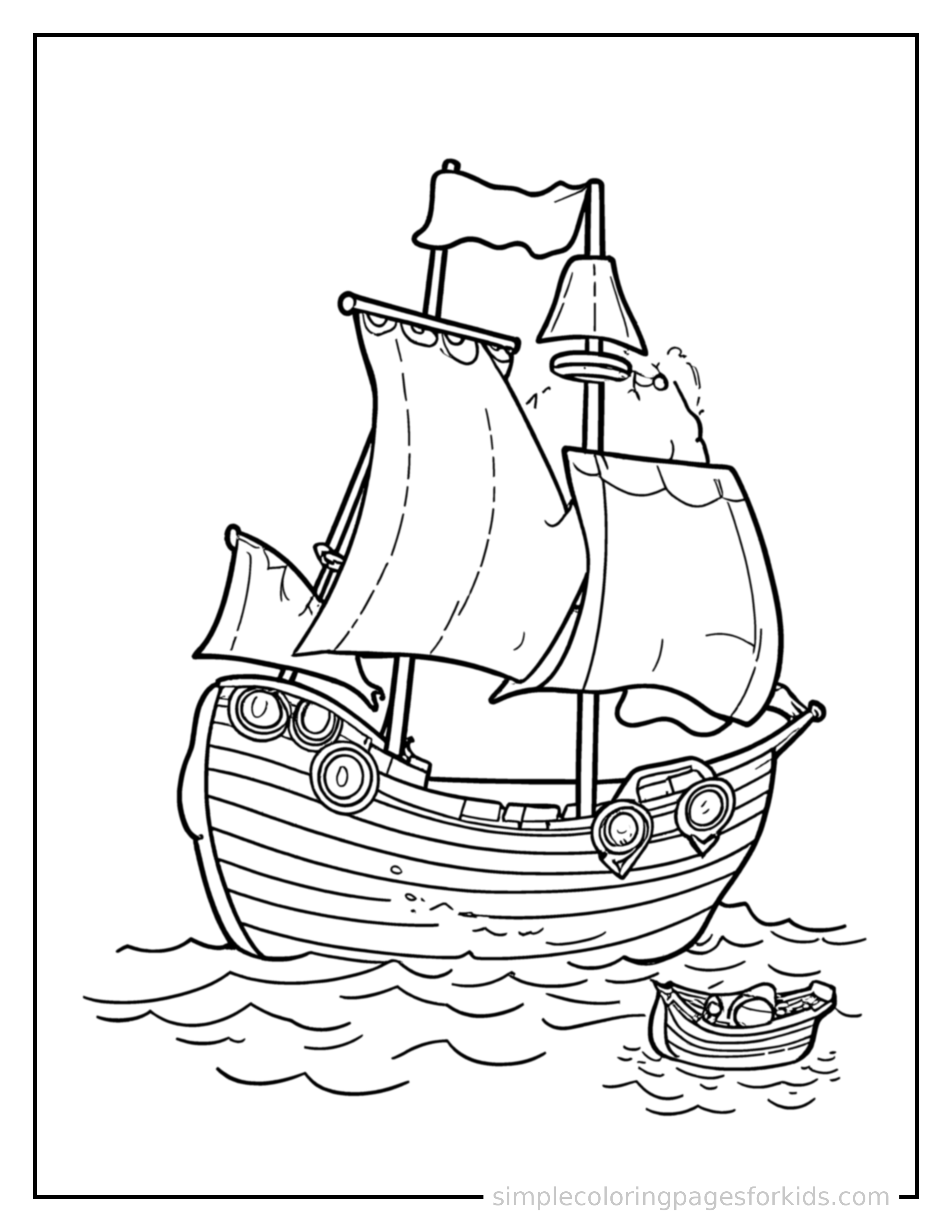 Free printable columbus day sailing ship coloring page featuring a cute Columbus Day sailing ship, shown with a smaller mini version of itself beside it.