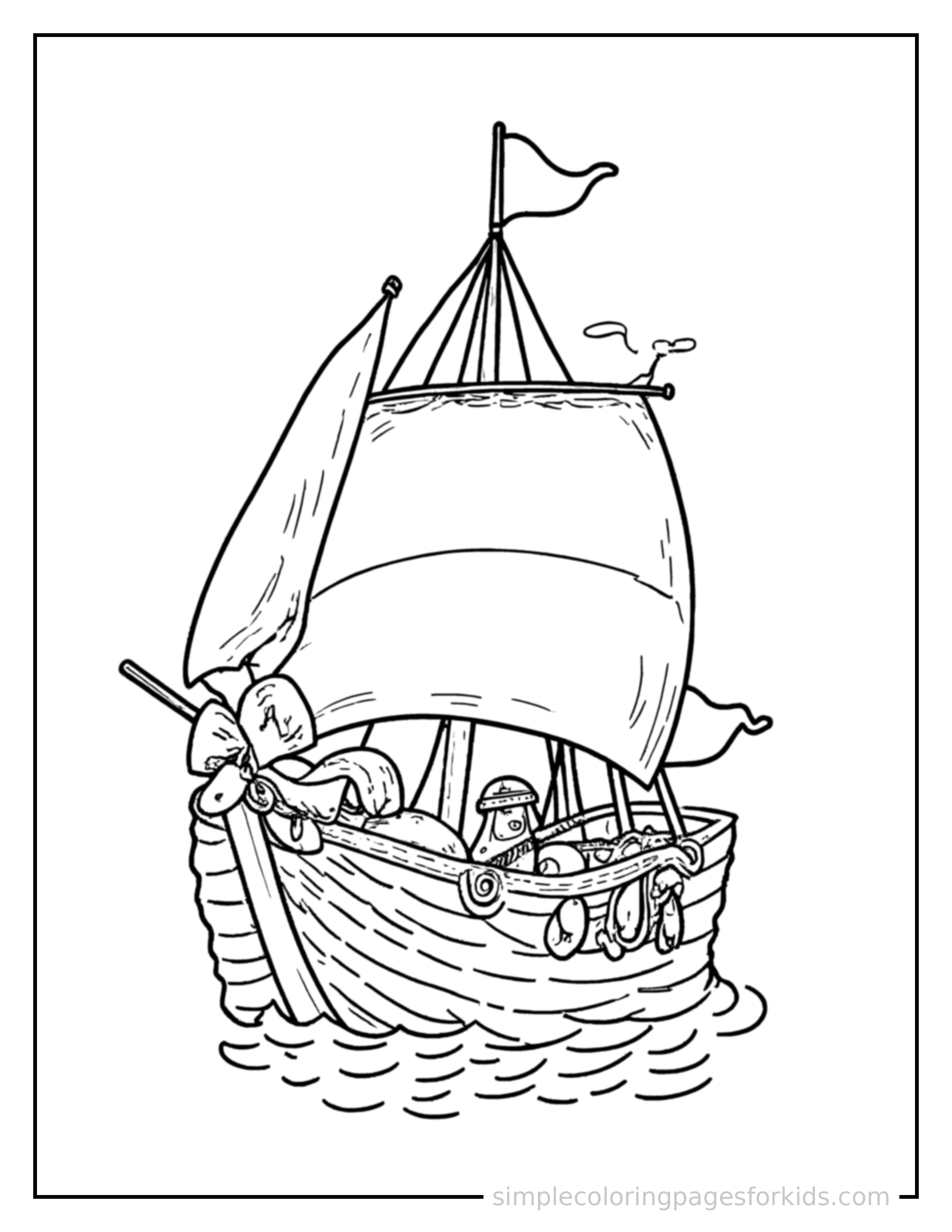 Free printable columbus day sailing ship coloring page featuring a cute Columbus Day sailing ship, decorated with a simple bow or ribbon for a festive touch.
