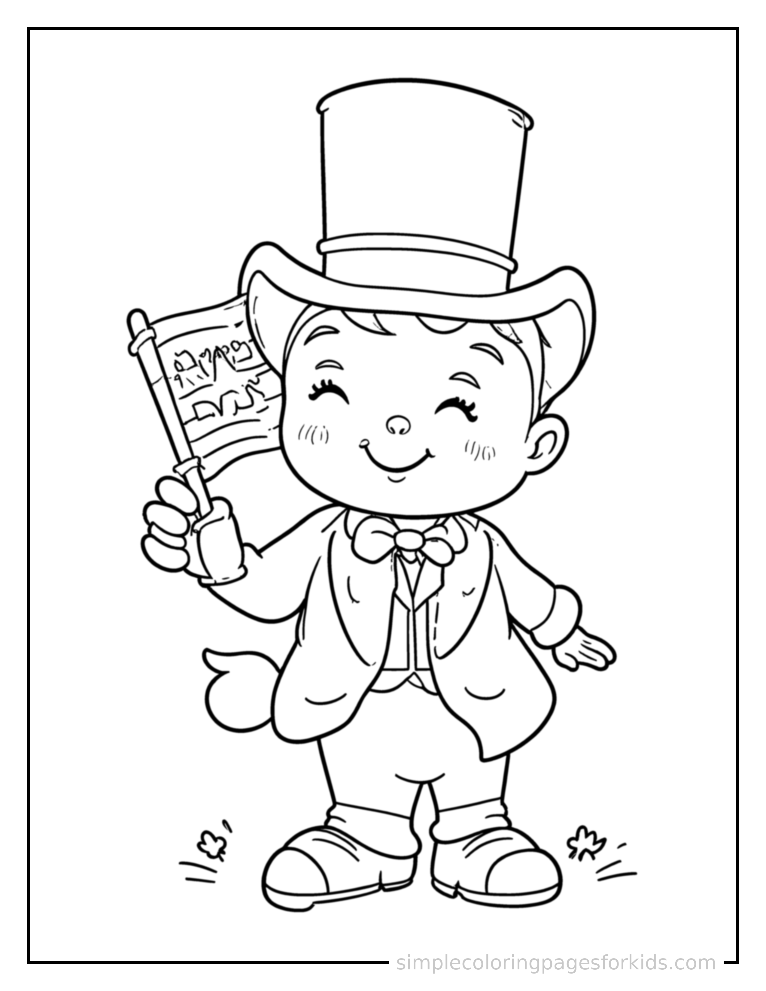 Free printable presidents day flag and a top hat coloring page featuring a cute Presidents Day flag and a top hat, shown from a slightly different angle with small decorative sparkle marks nearby.