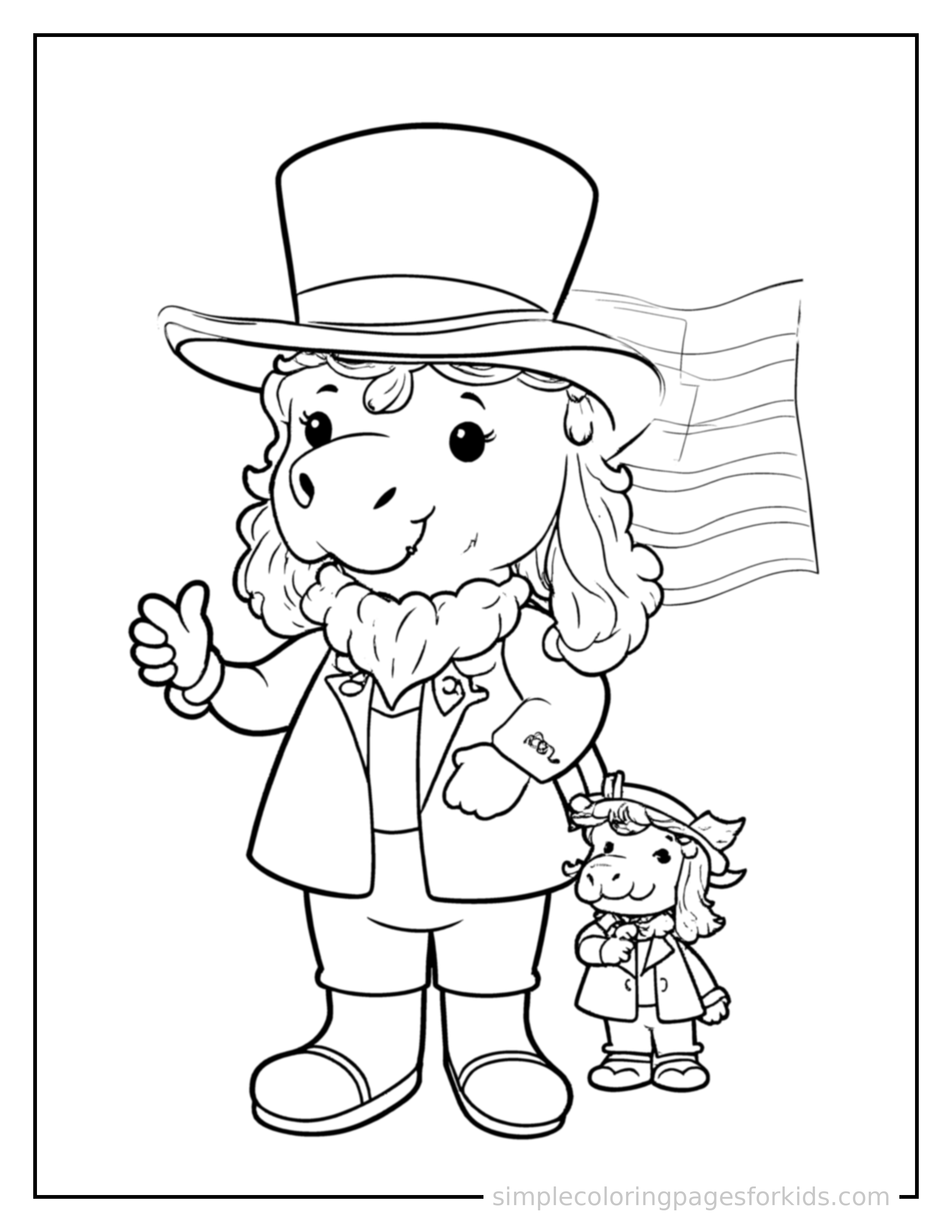 Free printable presidents day flag and a top hat coloring page featuring a cute Presidents Day flag and a top hat, shown with a smaller mini version of itself beside it.