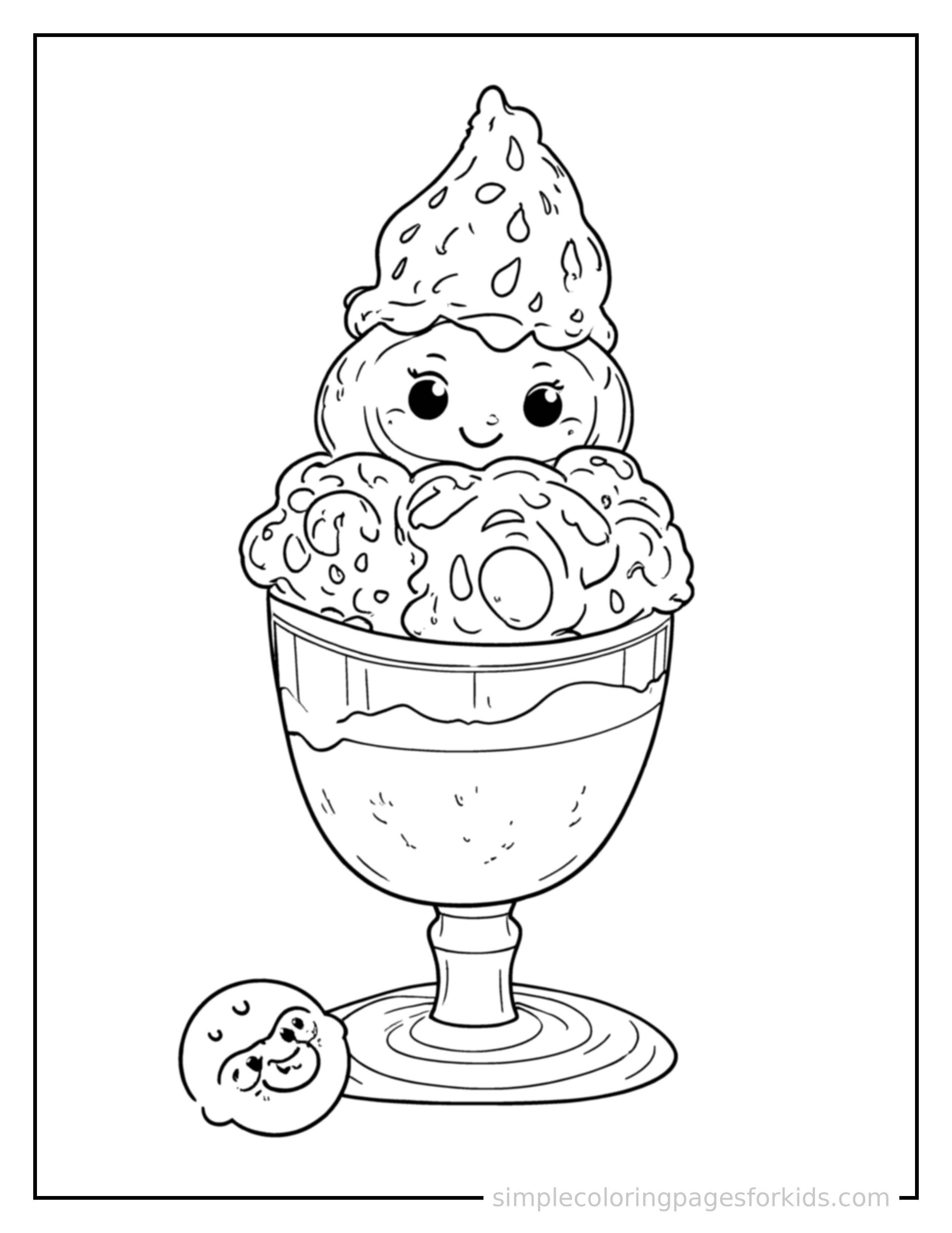 Free printable national ice cream day ice cream sundae coloring page featuring a cute National Ice Cream Day ice cream sundae, shown with a smaller mini version of itself beside it.