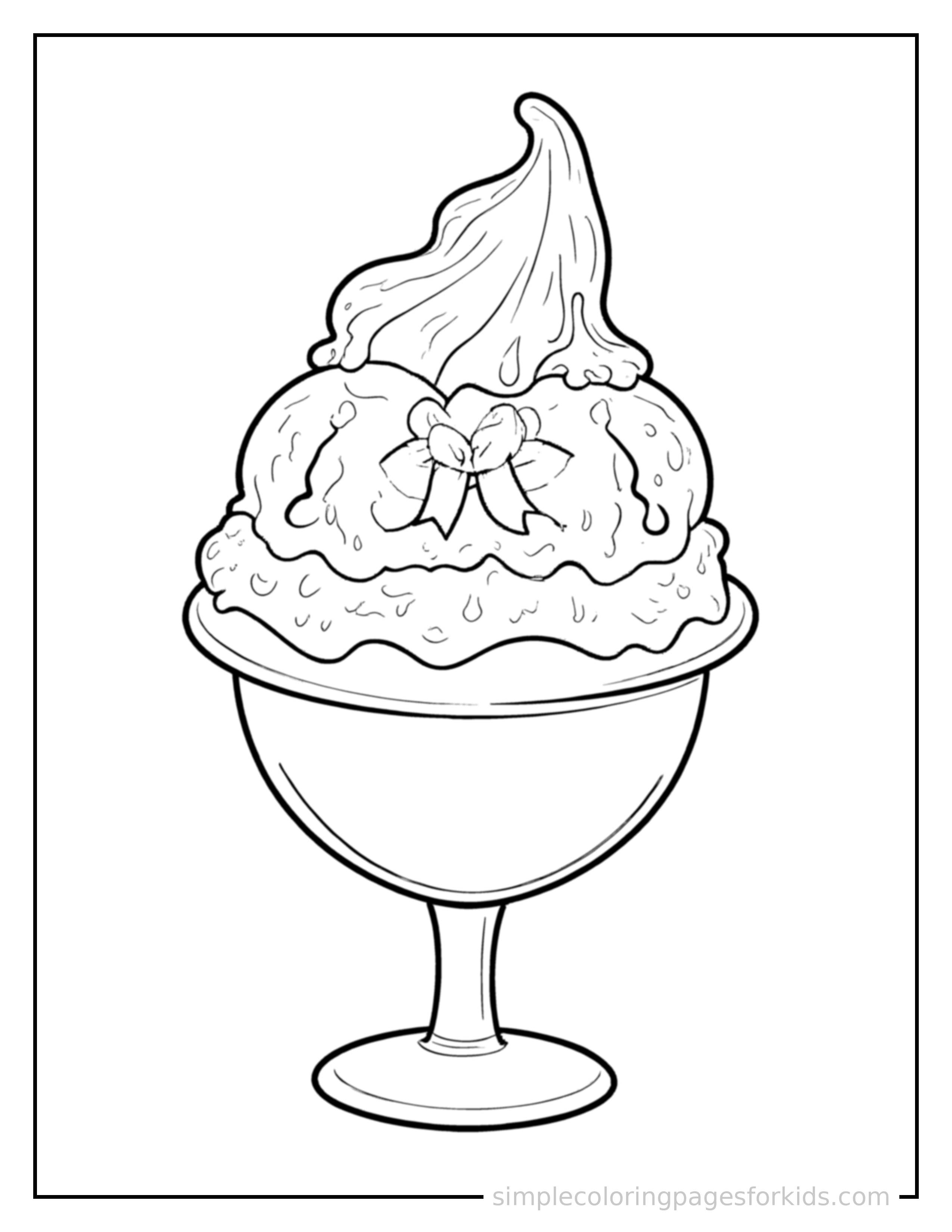 Free printable national ice cream day ice cream sundae coloring page featuring a cute National Ice Cream Day ice cream sundae, decorated with a simple bow or ribbon for a festive touch.
