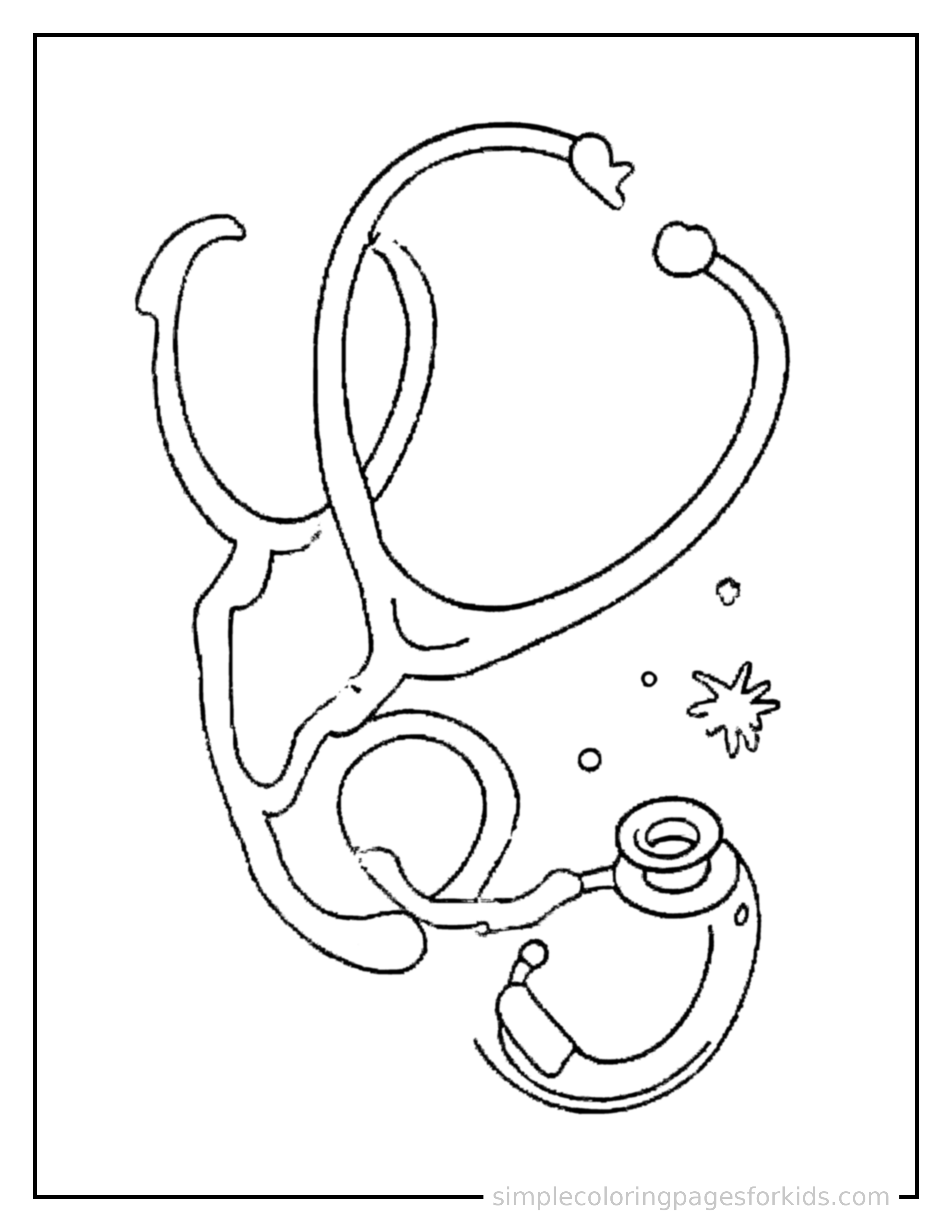 Free printable nurses day stethoscope and a heart coloring page featuring a cute Nurses Day stethoscope and a heart, shown from a slightly different angle with small decorative sparkle marks nearby.