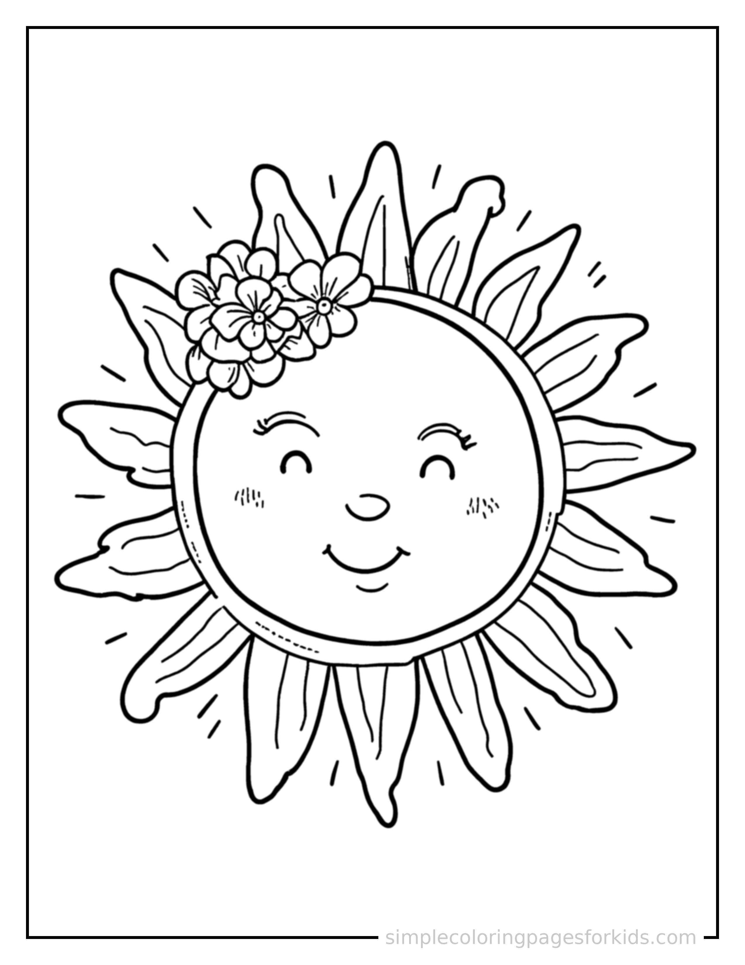 Free printable summer solstice festival sun and flower crown coloring page featuring a cute Summer Solstice Festival sun and flower crown, shown as a simple central illustration with a cute smiling face.