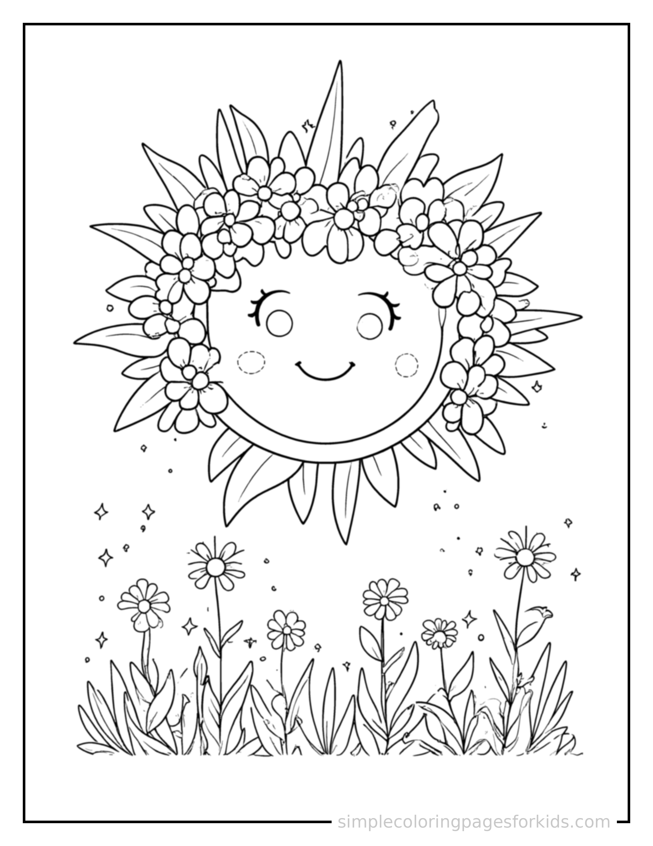 Free printable summer solstice festival sun and flower crown coloring page featuring a cute Summer Solstice Festival sun and flower crown, shown from a slightly different angle with small decorative sparkle marks nearby.
