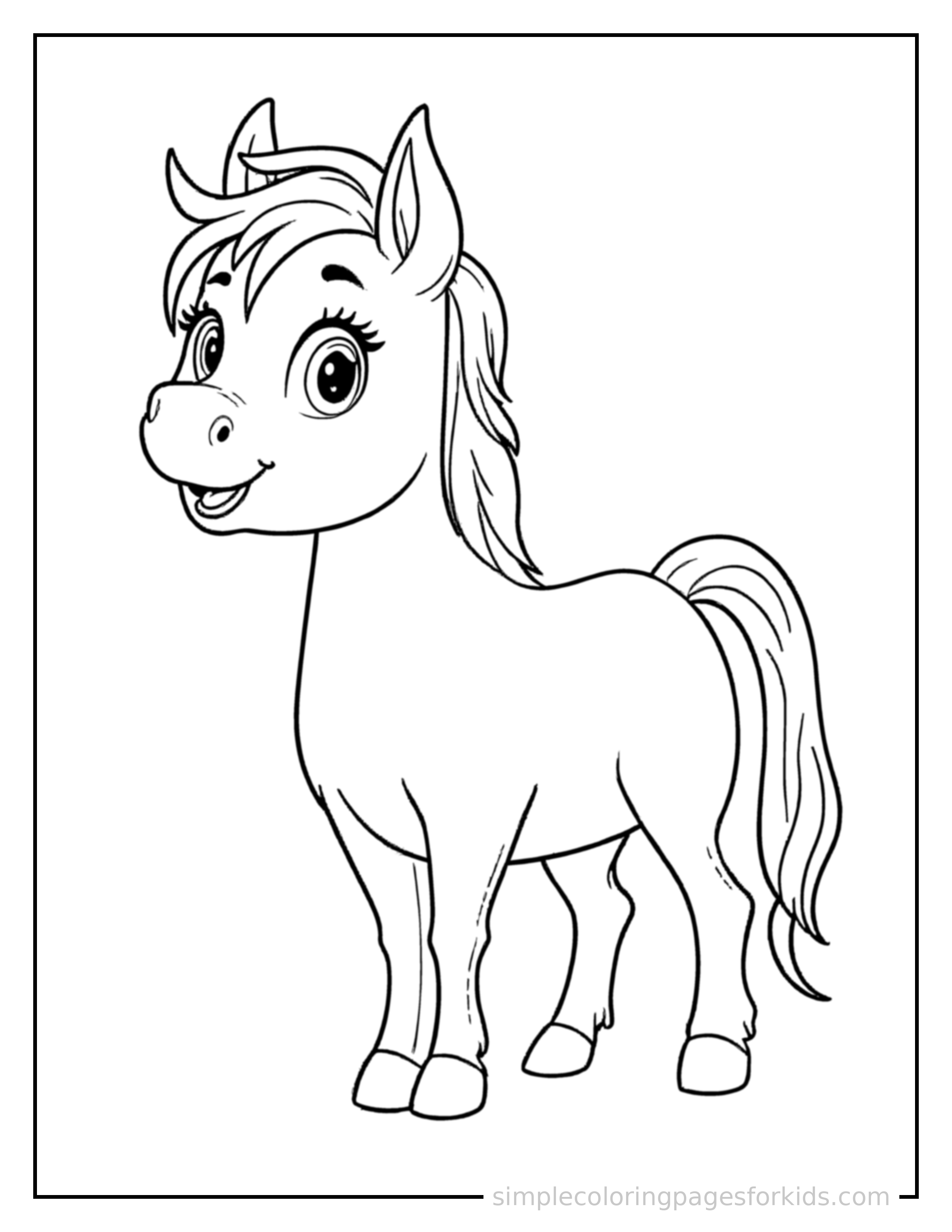 Free printable horse coloring page featuring a cute horse standing proudly on all fours, chest puffed out, big sparkling happy eyes, mouth open in a joyful smile.
