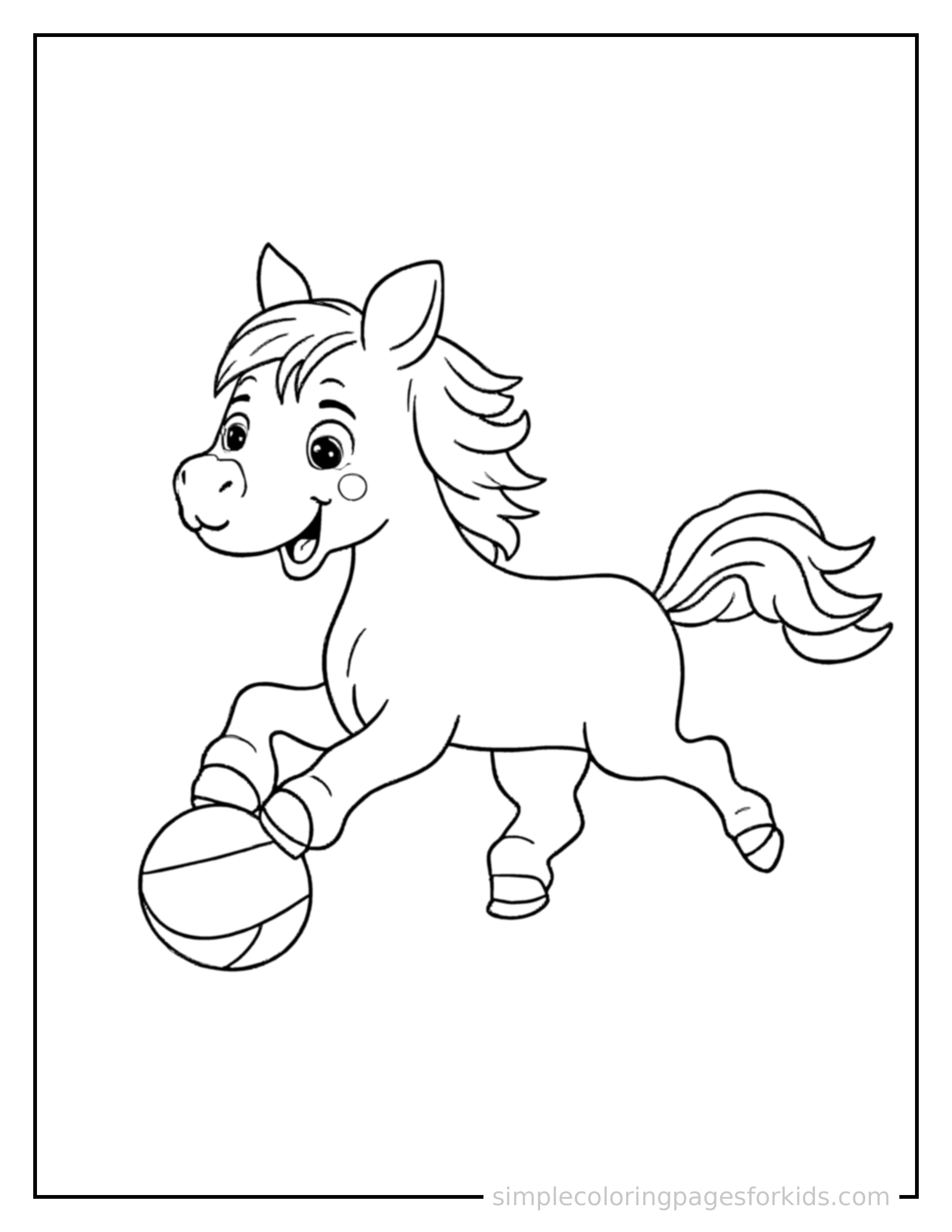 Free printable horse coloring page featuring a cute horse mid-bounce chasing a round ball, front paws stretched forward, mouth open with excitement, ears flopping.
