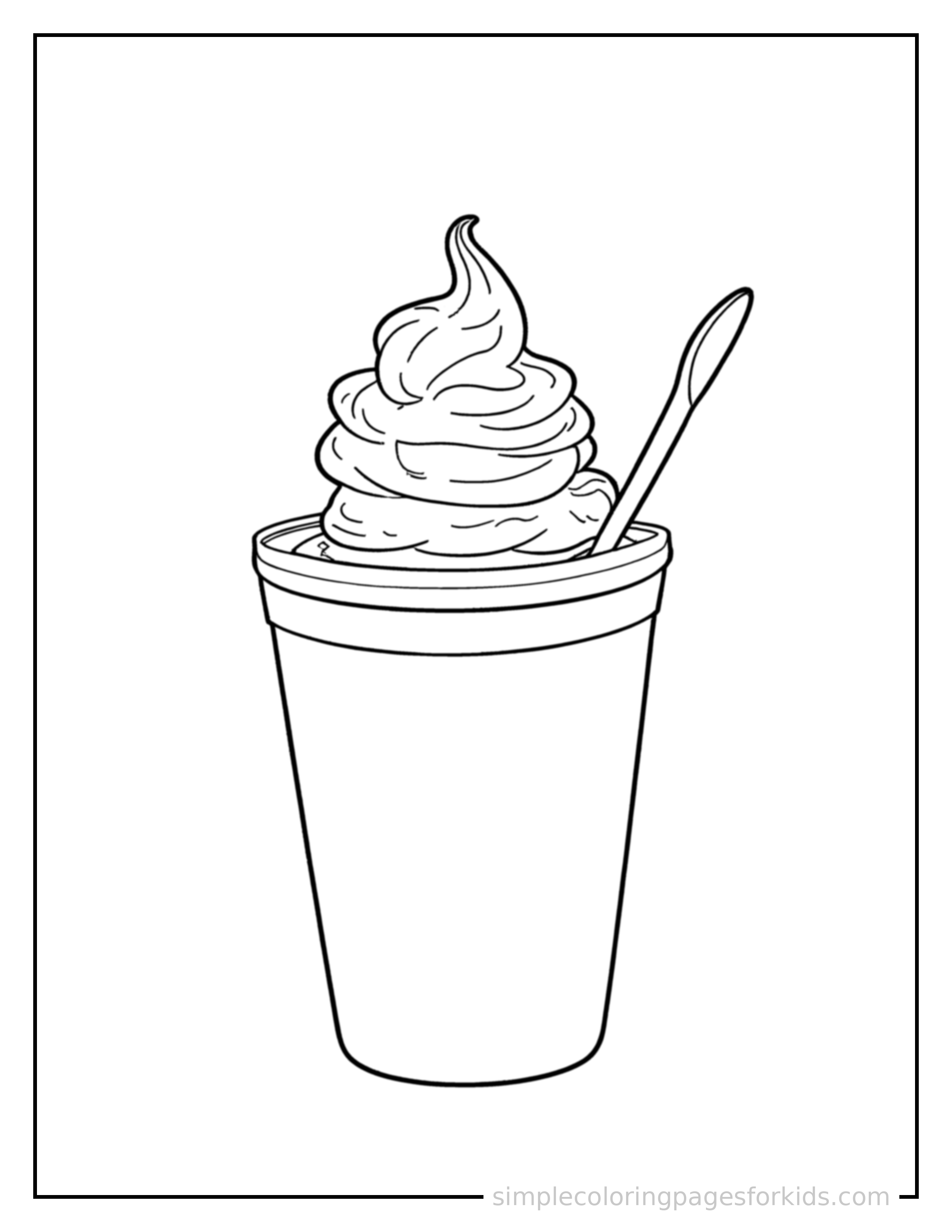 Free printable ice cream coloring page featuring ice cream served in a cup with a small spoon.