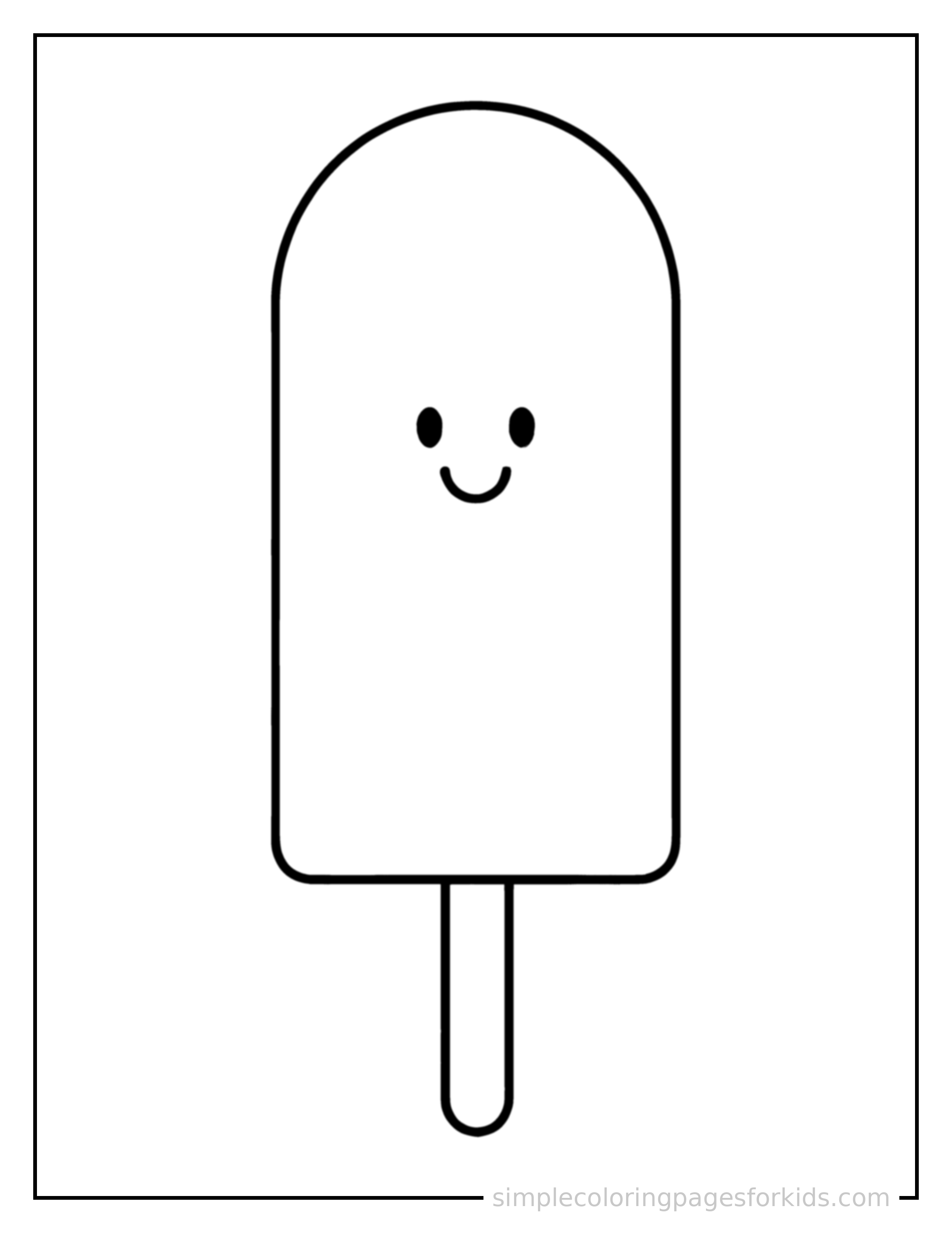 Free printable ice cream coloring page featuring a popsicle on a stick with a happy face.