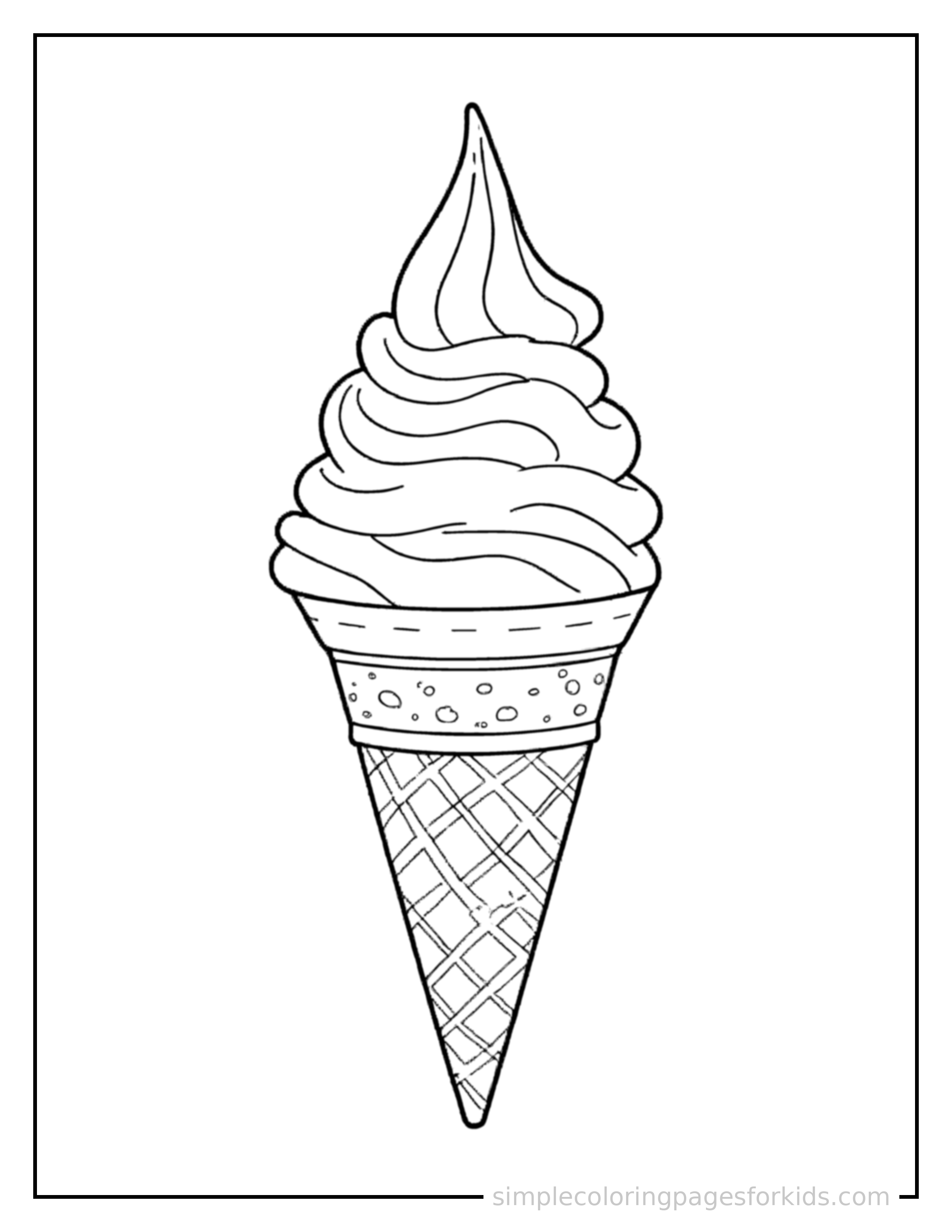 Free printable ice cream coloring page featuring a soft-serve swirl cone.
