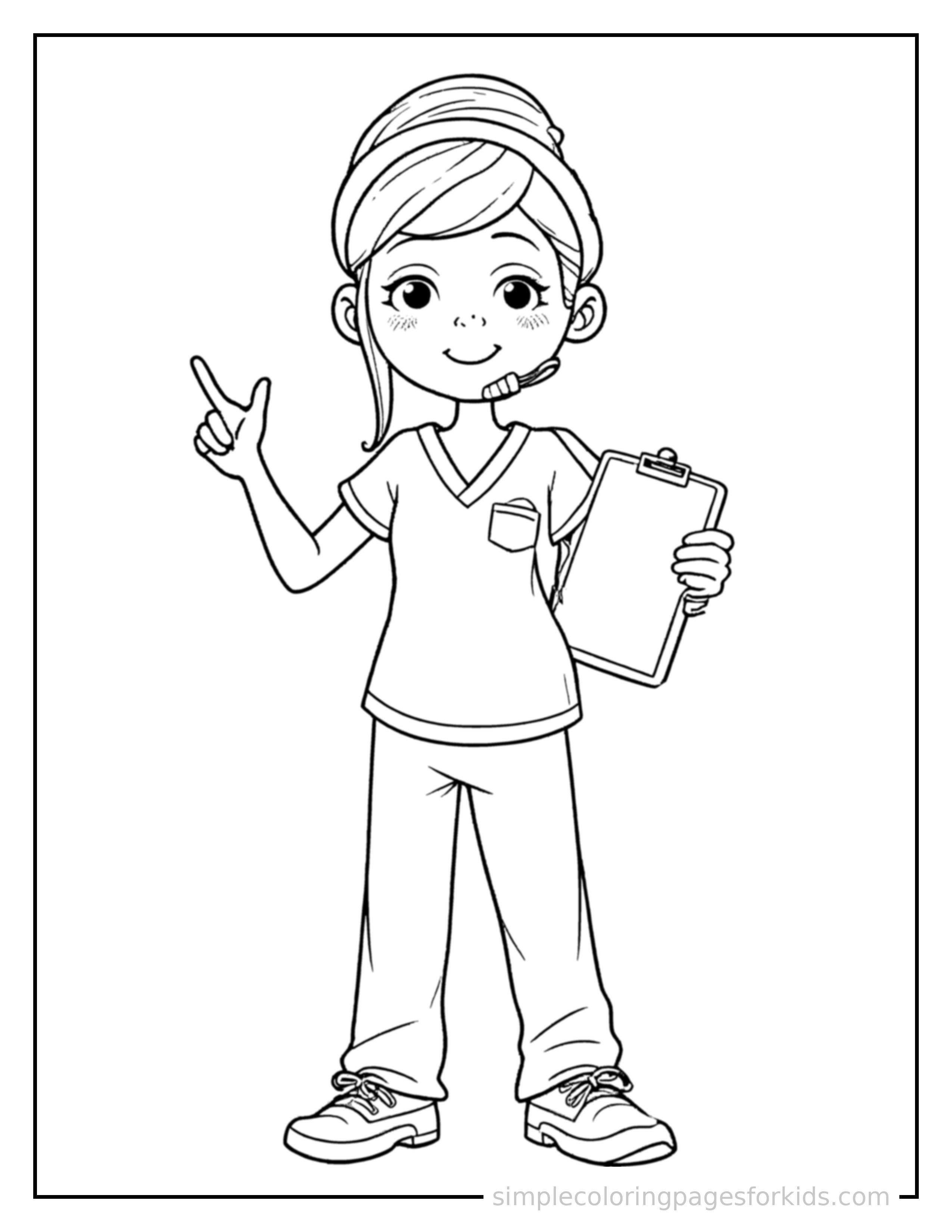Free printable nurse wearing scrubs and holding a clipboard coloring page featuring a cute nurse wearing scrubs and holding a clipboard standing tall with a big cheerful grin, one hand raised in a wave, head tilted slightly.