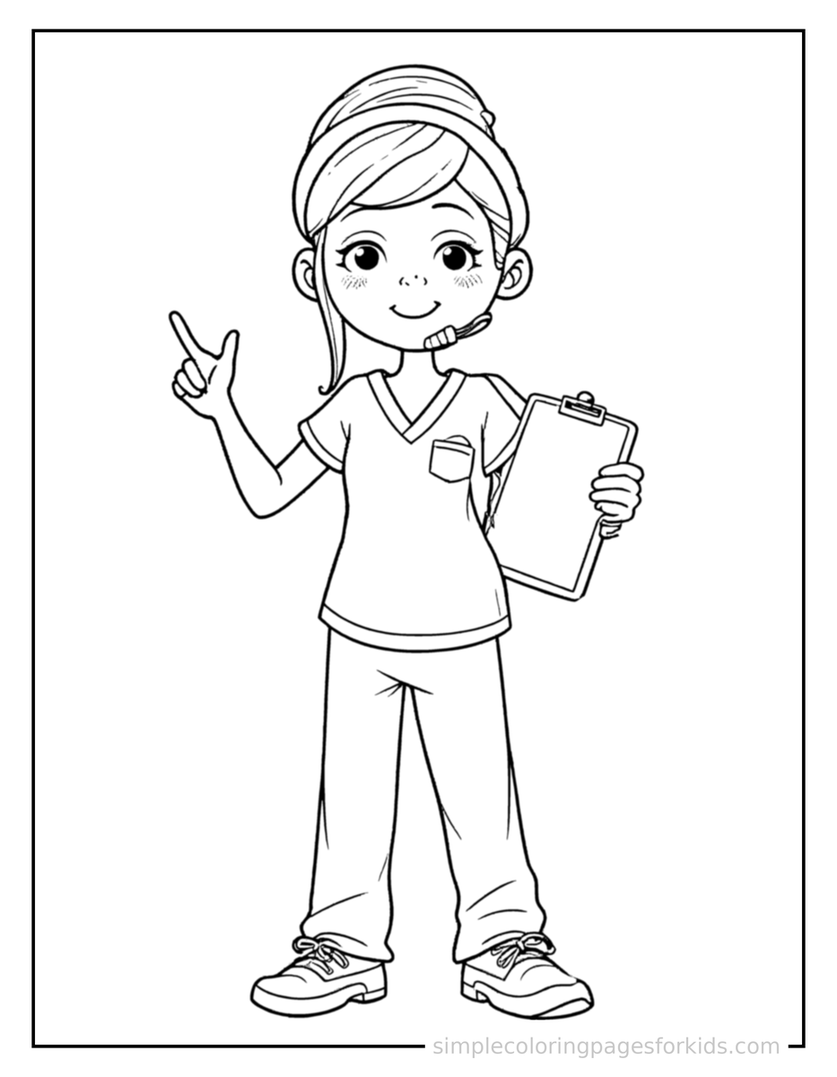 Nurse Wearing Scrubs And Holding A Clipboard Coloring Pages