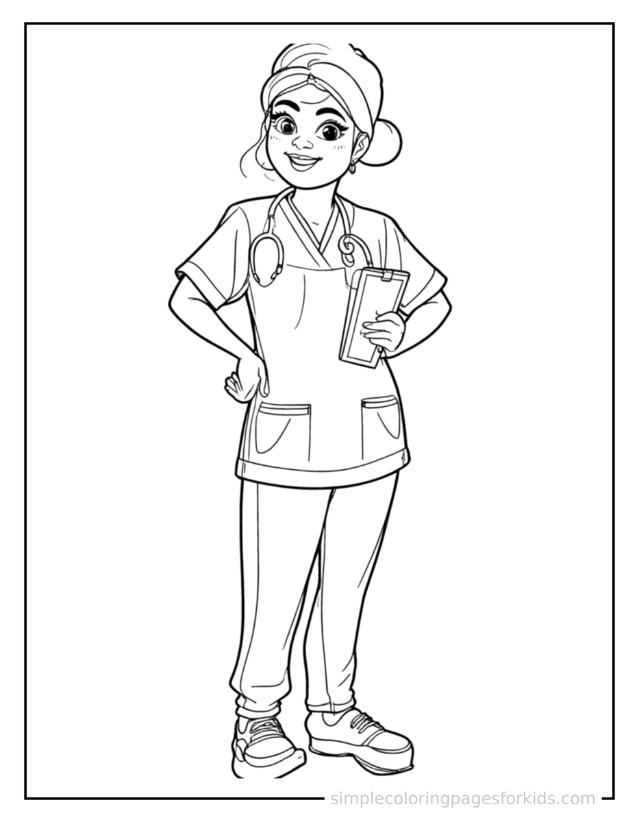 Proud Nurse Wearing Scrubs And Holding A Clipboard Coloring Page