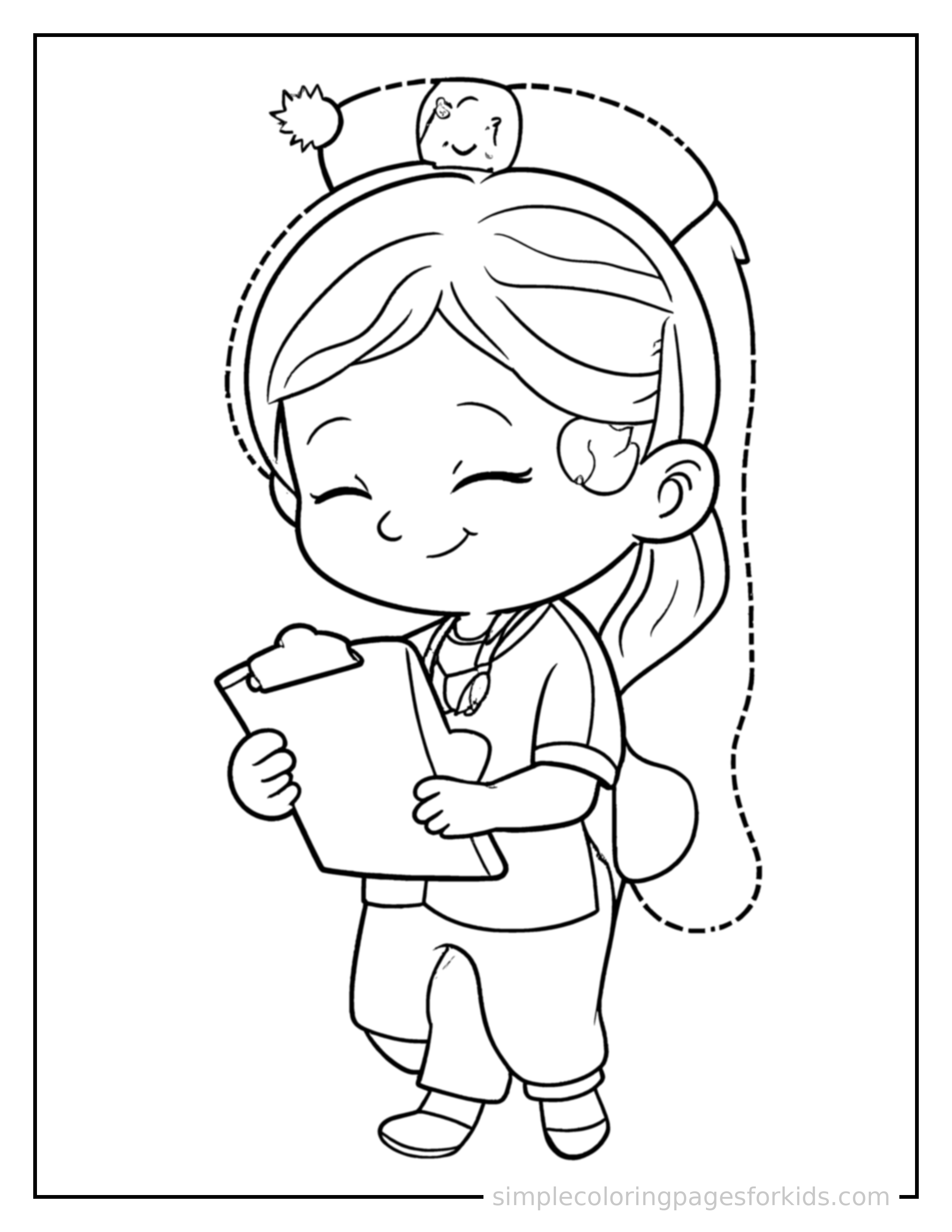 Free printable nurse wearing scrubs and holding a clipboard coloring page featuring a cute nurse wearing scrubs and holding a clipboard curled up fast asleep, peaceful smile, one eye scrunched shut, hands tucked under the chin.