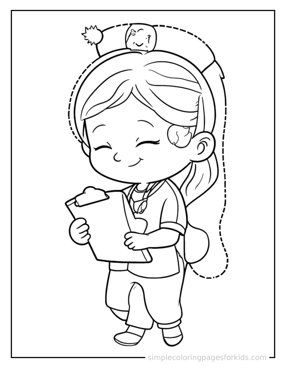 Sleepy Nurse Wearing Scrubs And Holding A Clipboard Coloring Page