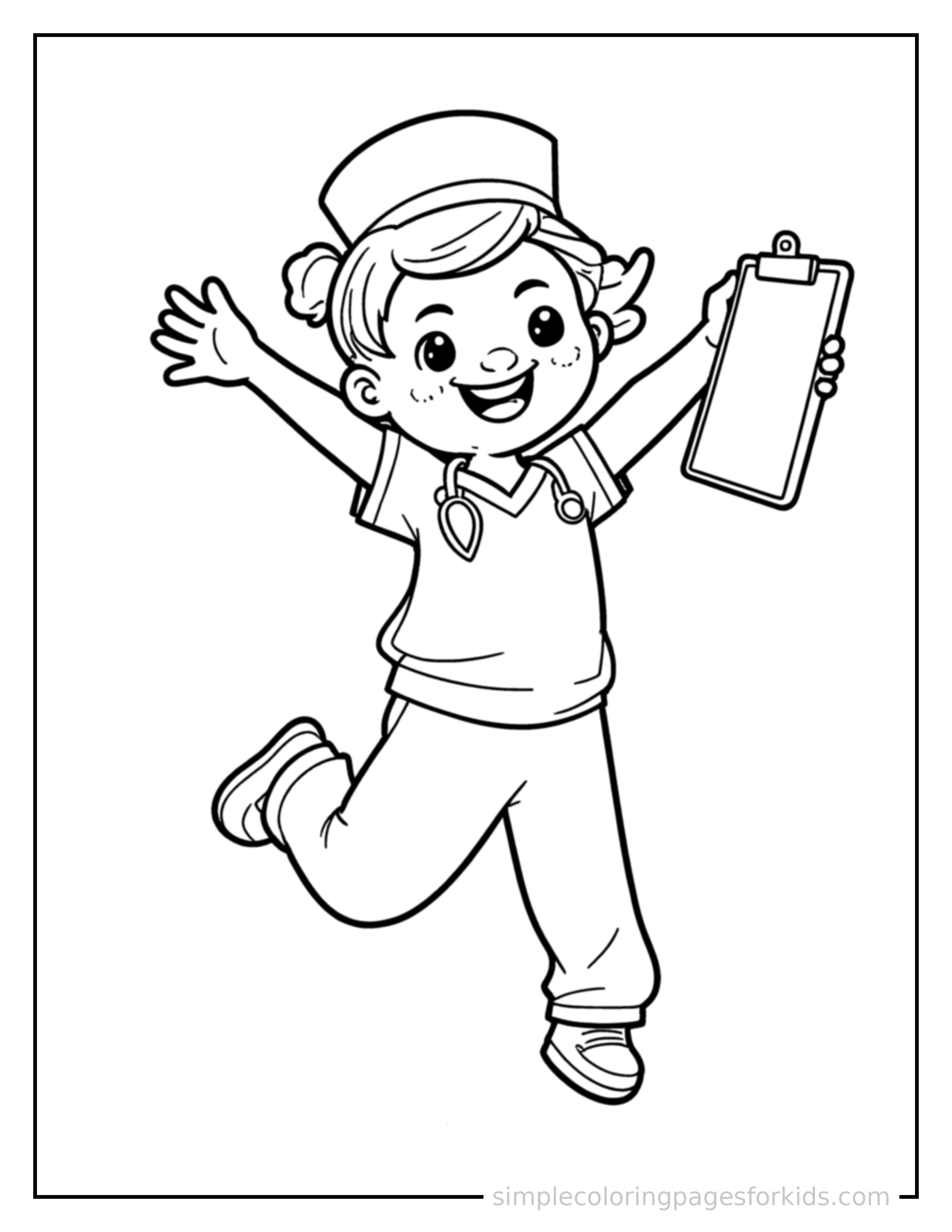Free printable nurse wearing scrubs and holding a clipboard coloring page featuring a cute nurse wearing scrubs and holding a clipboard mid-jump with arms and legs stretched out playfully, mouth open with excitement.