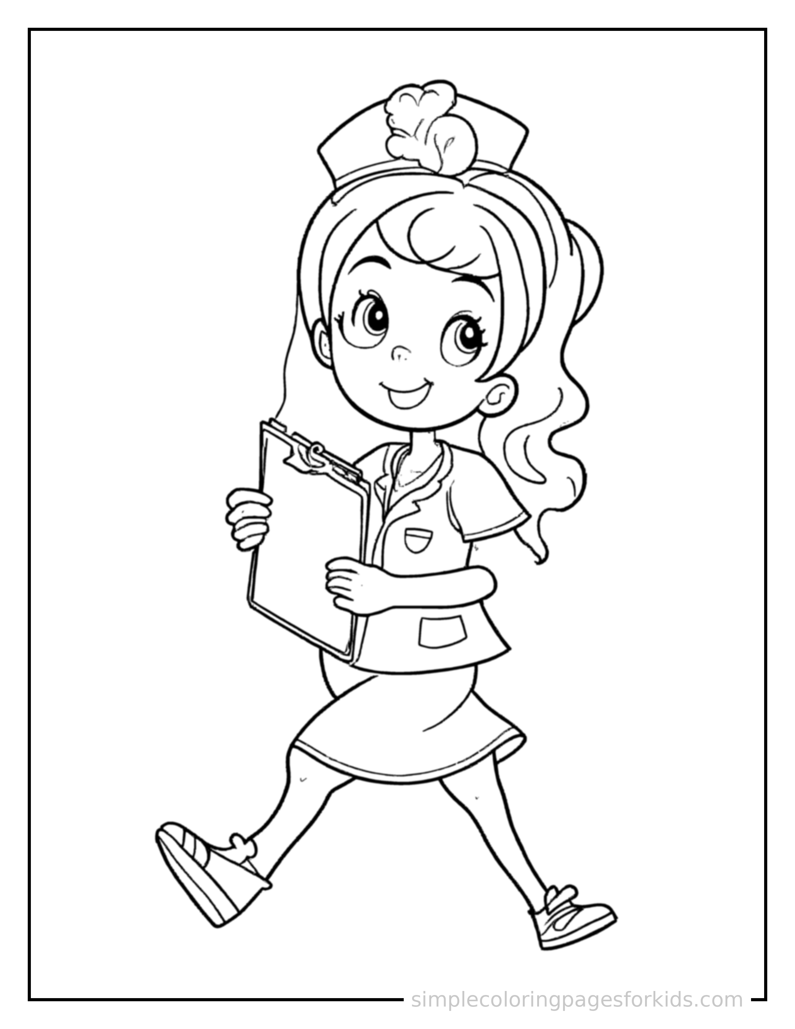 Free printable nurse wearing scrubs and holding a clipboard coloring page featuring a cute nurse wearing scrubs and holding a clipboard running forward at full speed, arms pumping, big happy grin.