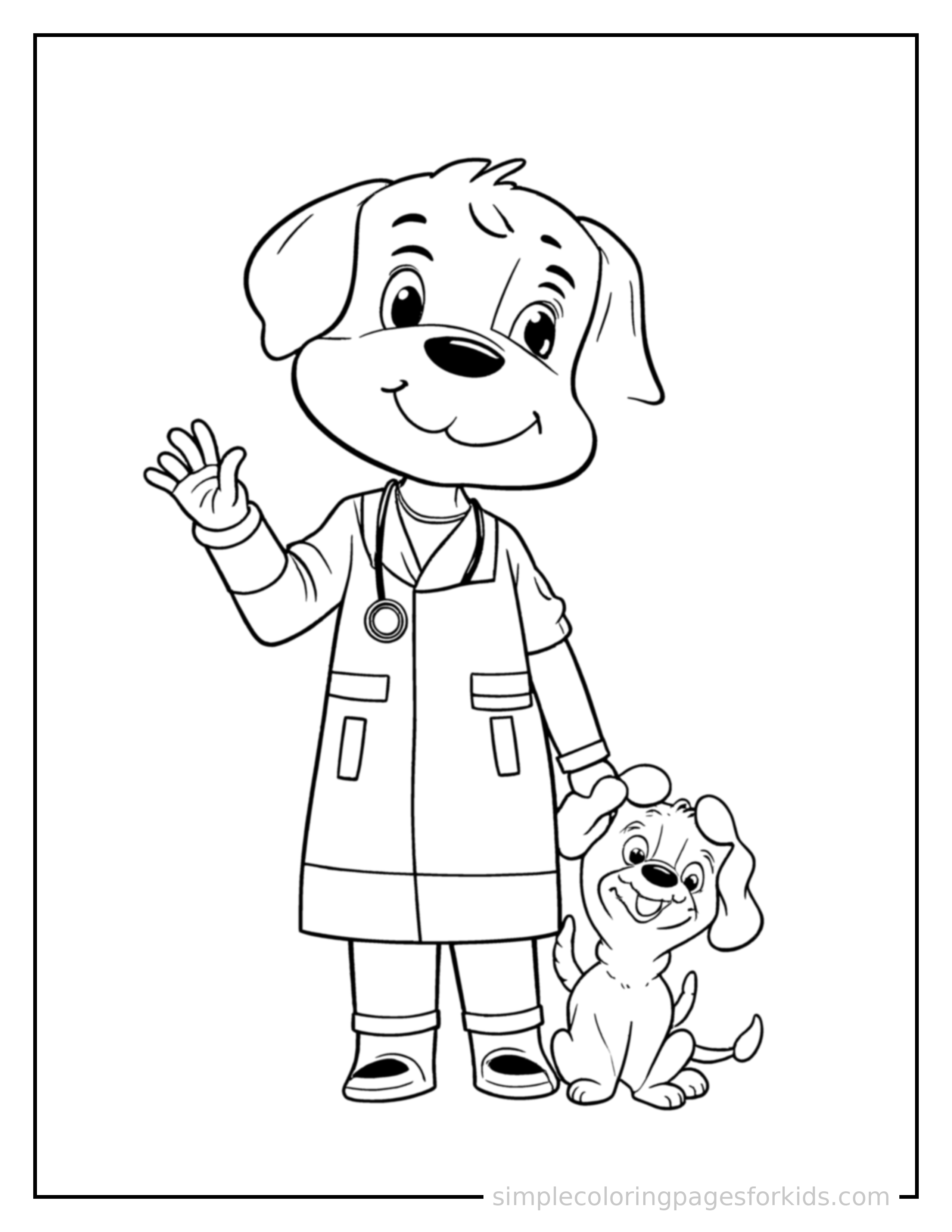 Free printable veterinarian holding a stethoscope and a puppy coloring page featuring a cute veterinarian holding a stethoscope and a puppy standing tall with a big cheerful grin, one hand raised in a wave, head tilted slightly.