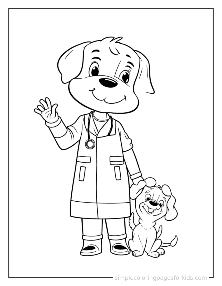 Veterinarian Holding A Stethoscope And A Puppy Coloring Pages