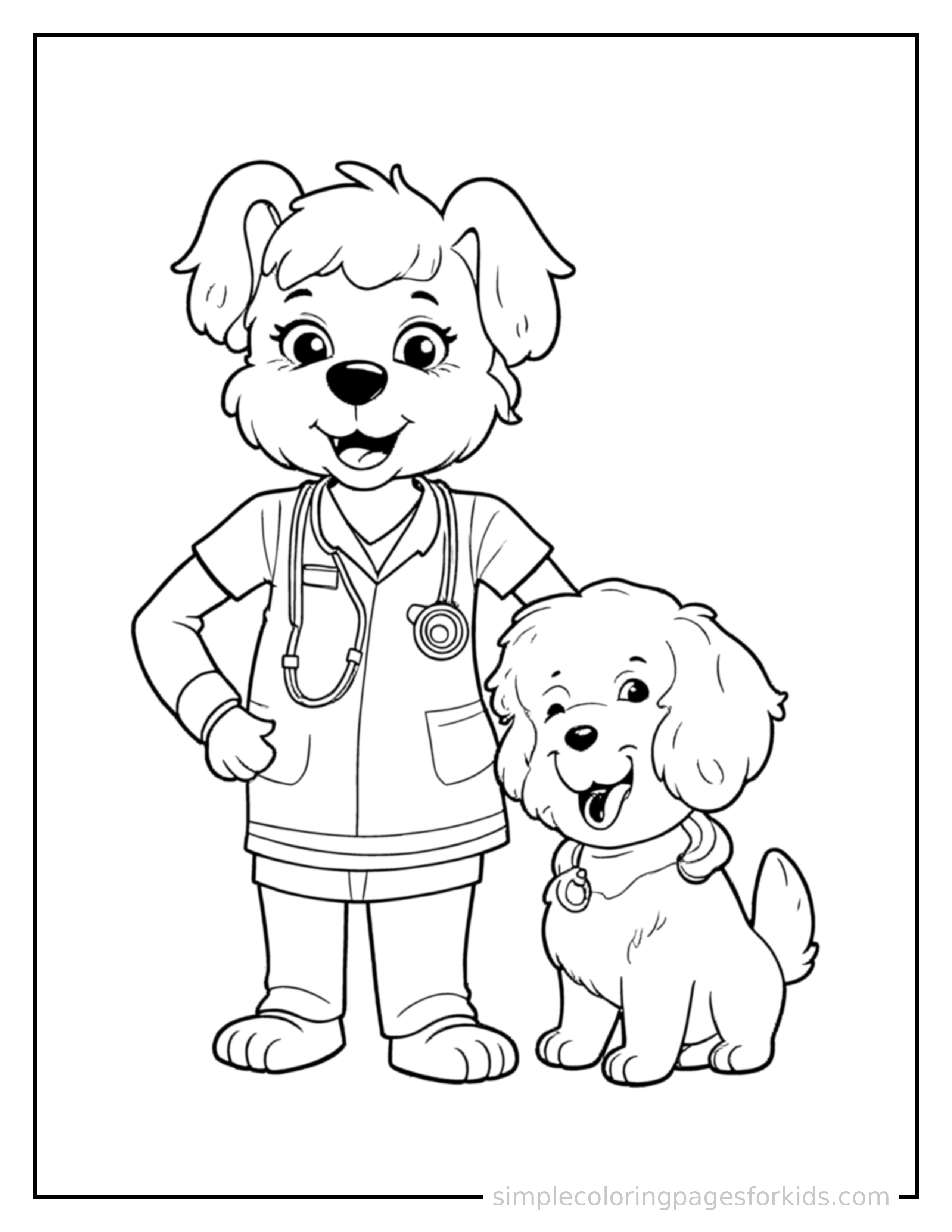 Free printable veterinarian holding a stethoscope and a puppy coloring page featuring a cute veterinarian holding a stethoscope and a puppy standing proudly with hands on hips, chest out, big sparkling happy eyes and open smile.
